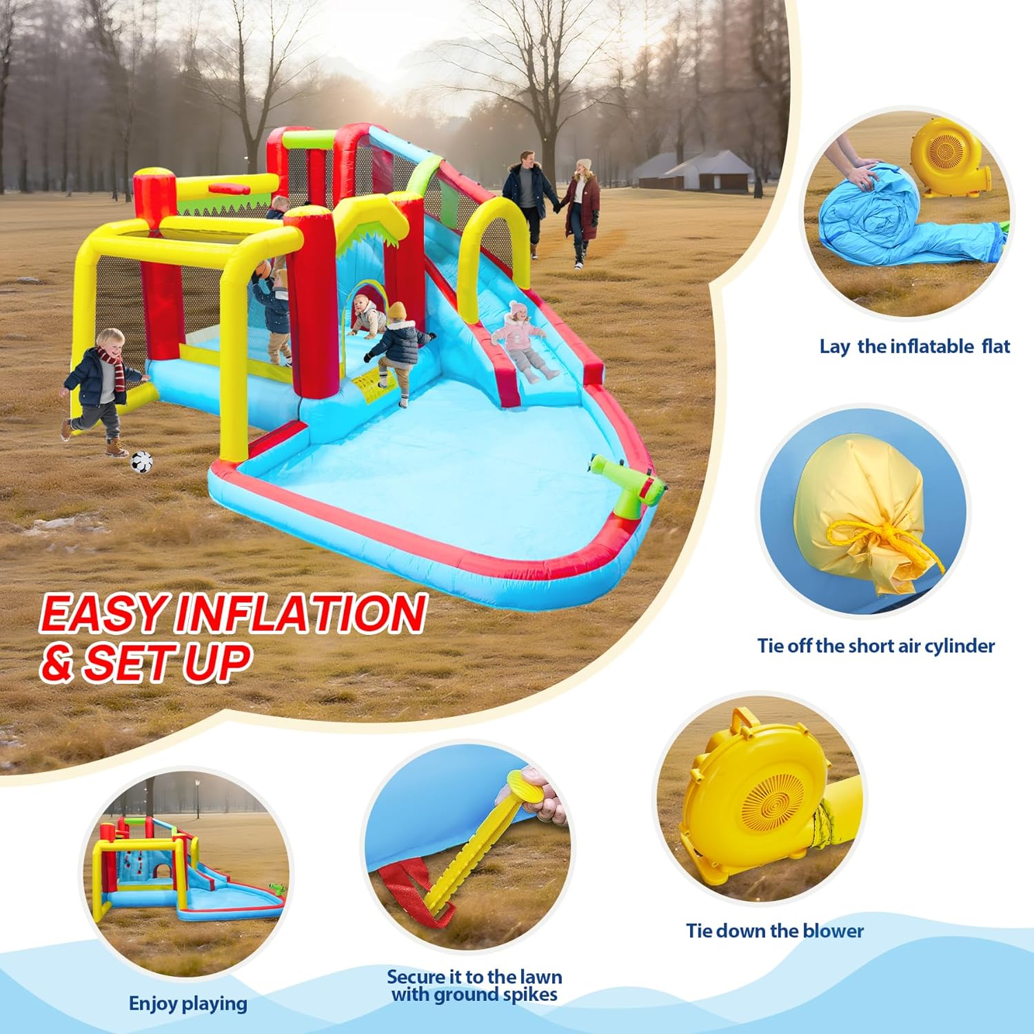 Inflatable Water Slide Bounce Castle with Blower, Dry and Wet Blow Up Jumping Bouncer with Slide, Climbing Wall, Basketball, Funny Tunnel, Soccer, Ball Pit Pool for Outdoor