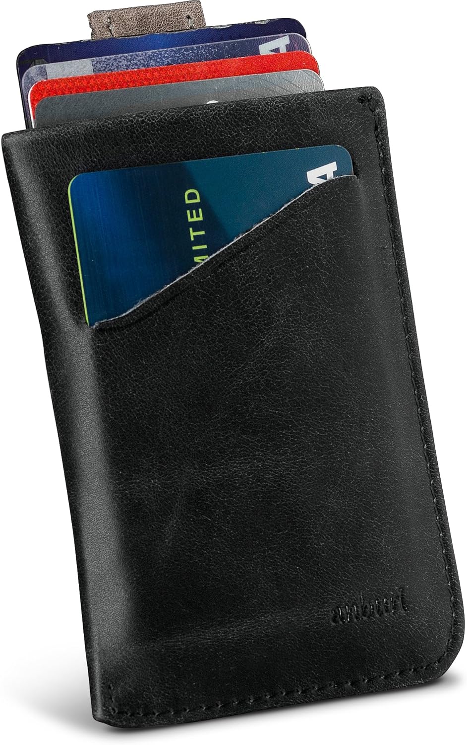 Genuine Top Grain Leather Slim Card Sleeve Wallet With Pull Tab, RFID Protected, Black, Men's Minimalist Front Pocket Card Holder