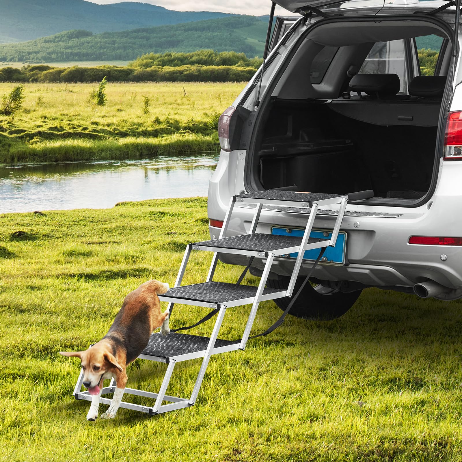 VEVOR Escaleras para Perros para Coche de 4 escalones, Carga de 113 kg Rampa Plegable para Perros de Aluminio Ligero con Superficie Antideslizante Escalones Portátiles de Mascotas para Coche y Camión