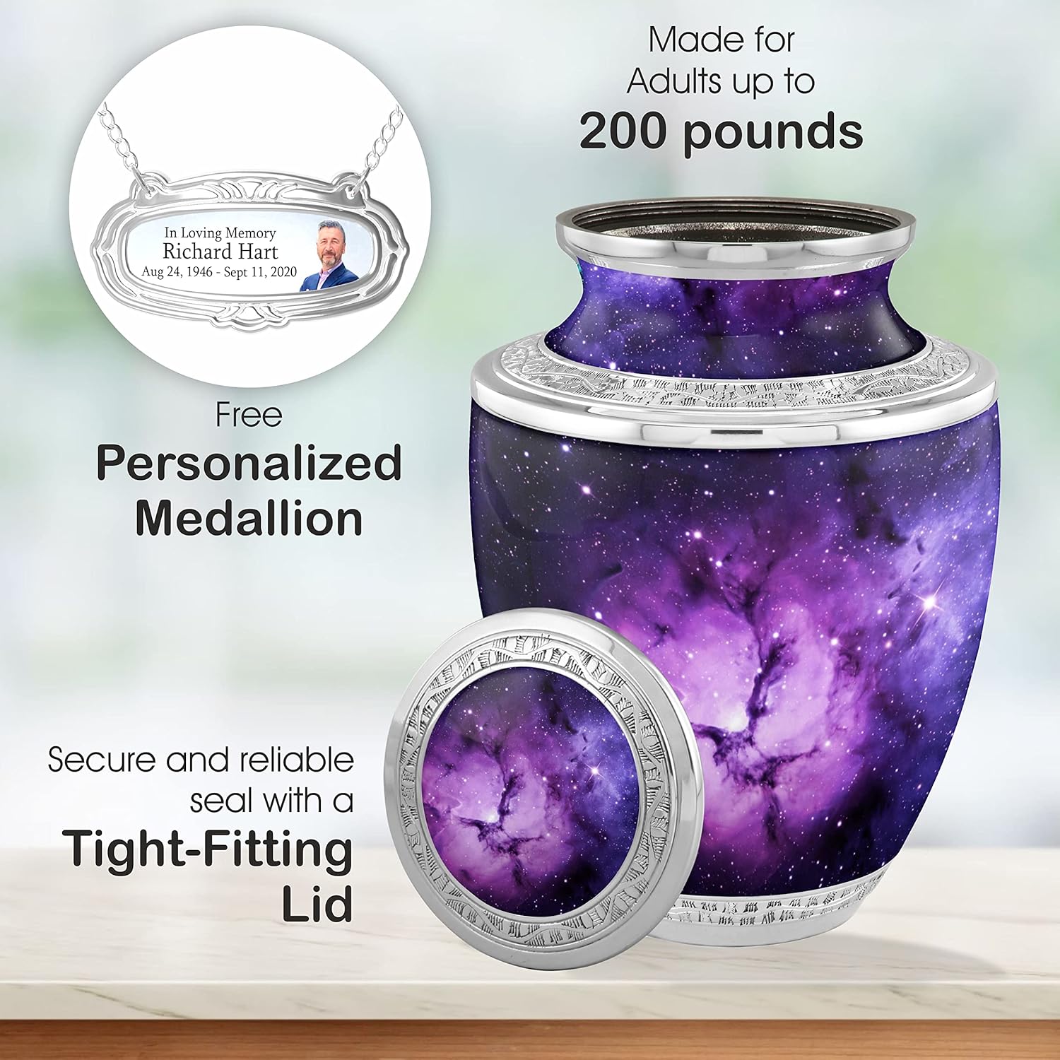 Personalized Medallion Purple Nebula Cremation Urns for Adult Ashes Male Female - 200lbs Burial Urns for Human Ashes - Handcrafted Funeral Decorative Urns for Ashes Adult Male with Velvet Bag