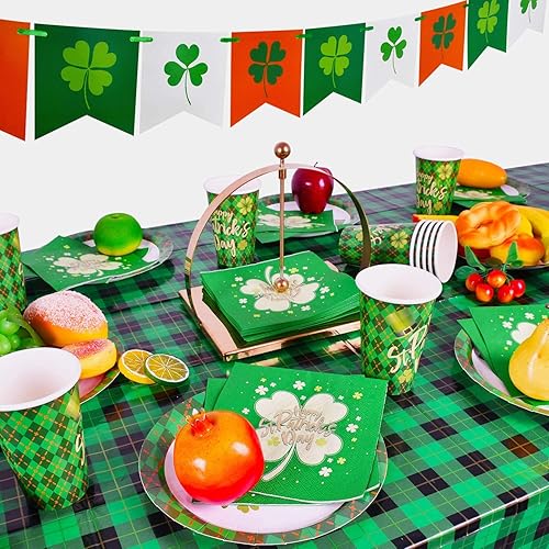 Miniatura 3 de Gatherfun Suministros para fiesta del día de San Patricio, platos de papel desechables, servilletas, vasos, mantel y pancarta para decoraciones de