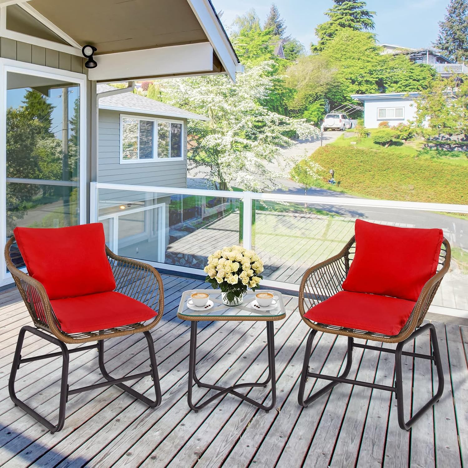 Tangkula 3 Pieces Patio Bistro Set, Patiojoy Outdoor PE Rattan Armchairs and Coffee Table Set with Comfortable Cushions & Adjustable Foot Pads, Suitable for Garden Backyard Balcony Poolside (Red)