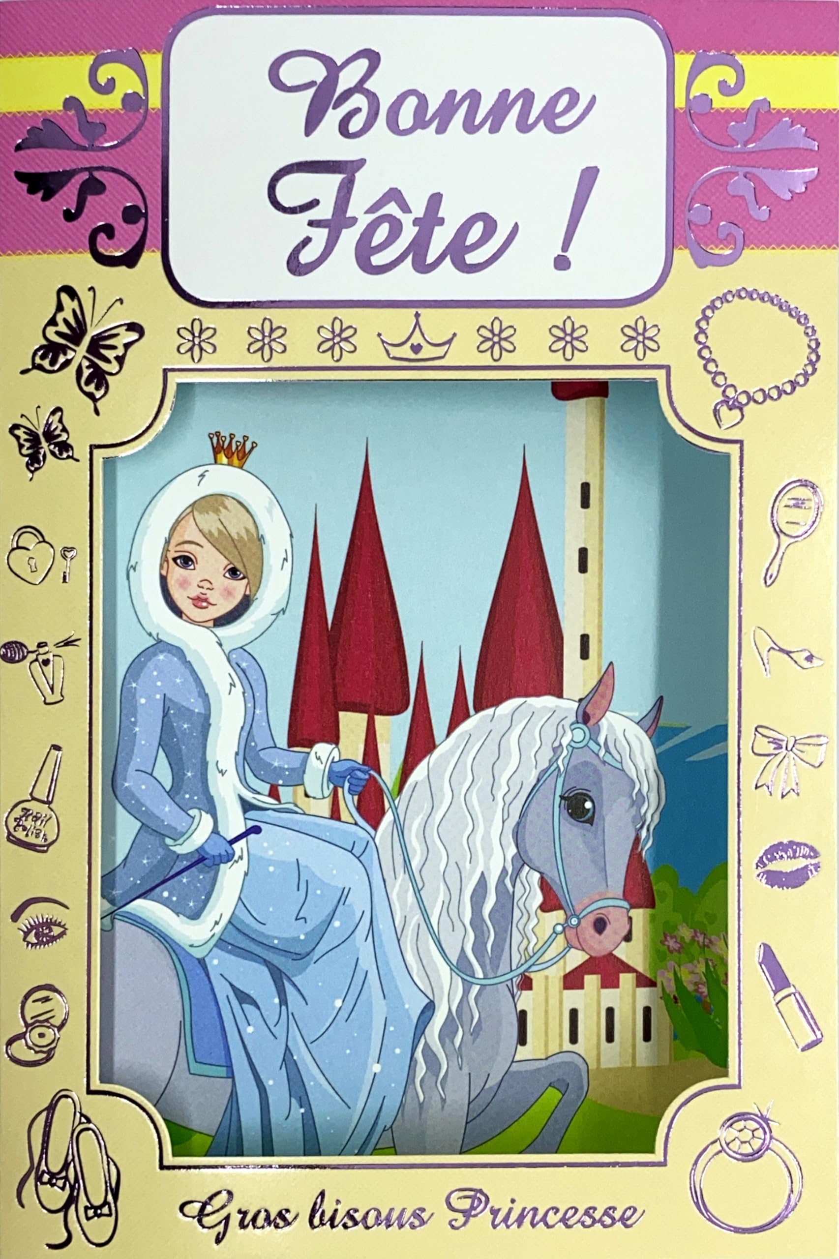 67-1054-BBF Happy Birthday Greeting Card Princess Winter Queen on Her Horse for Little Girl with Envelope Format 12 x 17.5 cm Fairytale Castle Saint Catherine 25 November