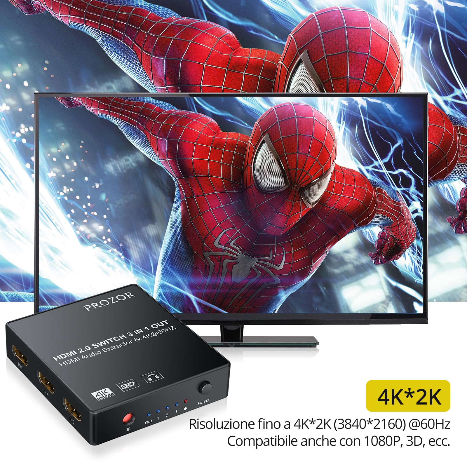 PROZOR HDMI Switch 3 Ingressi 1 Uscita con Estrattore Audio Uscita Analogico Ottico Toslink SPDIF 4K 3D HDMI Convertitore per Blu-ray DVD Player Satellite Box PS3 PS4 Apple TV PC HD Camera DVR