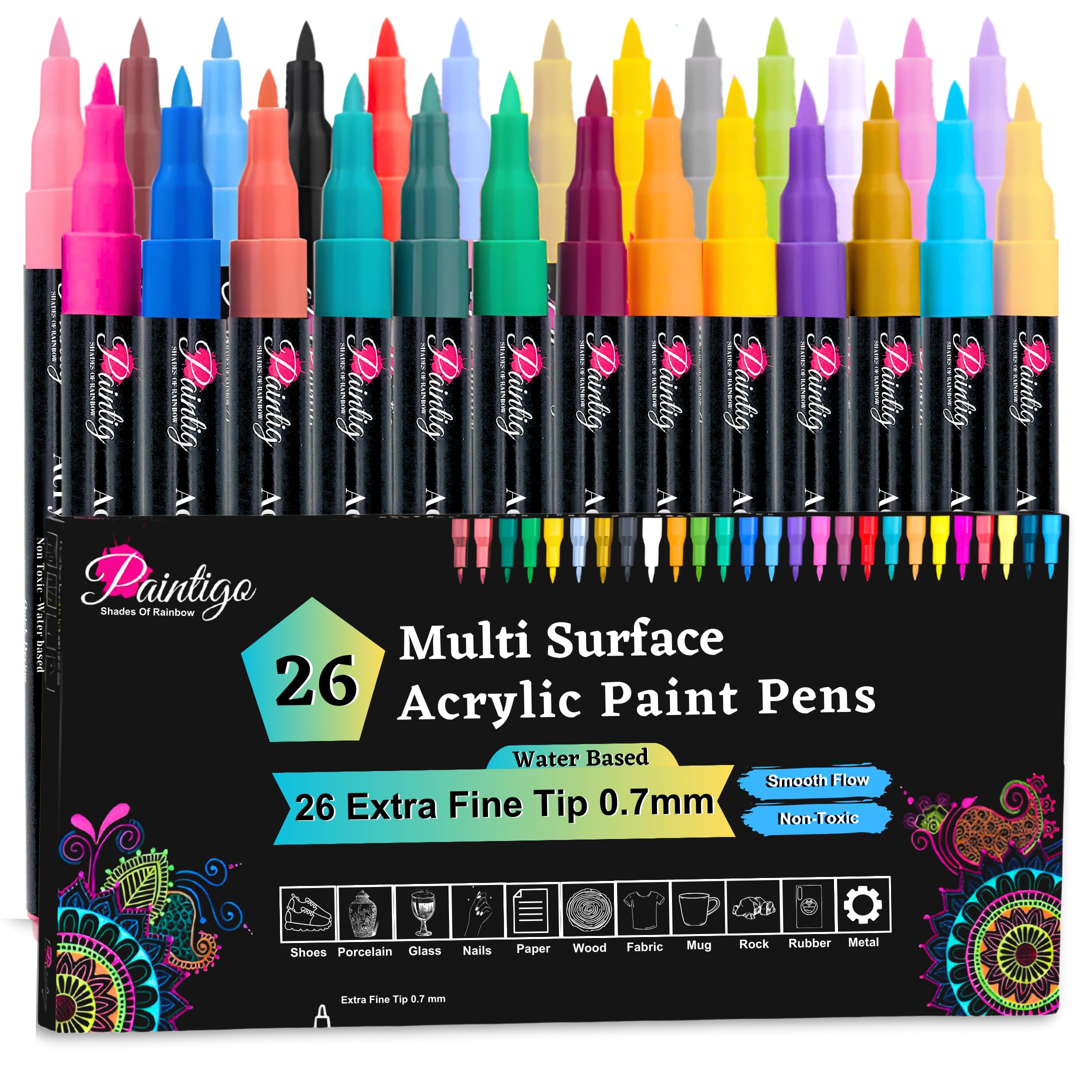 PAINTIGO Extra Fine Acrylic Markers – 26 Paint Pens for Rock Painting, Canvas, Wood, Glass, Ceramic, Fabric, DIY Crafts, Scrapbooking, Drawing, Detailing, Art Supplies