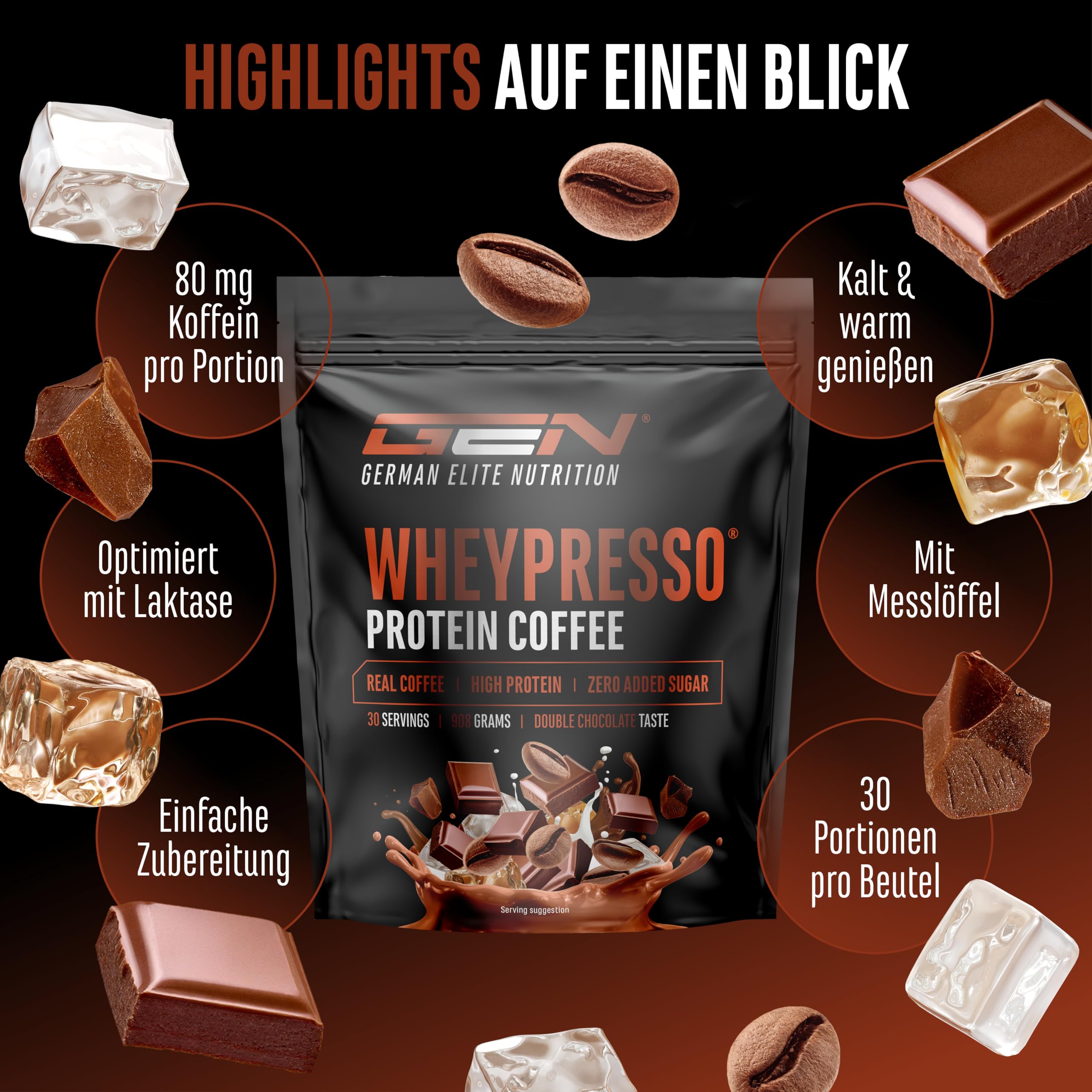 Wheypresso Protein Coffee - Eiweiß-Pulver mit Whey-Konzentrat & Isolat - Mit echtem Kaffee & Koffein - Cremiger High Protein Drink - (908 g, Double Chocolate Flavour)