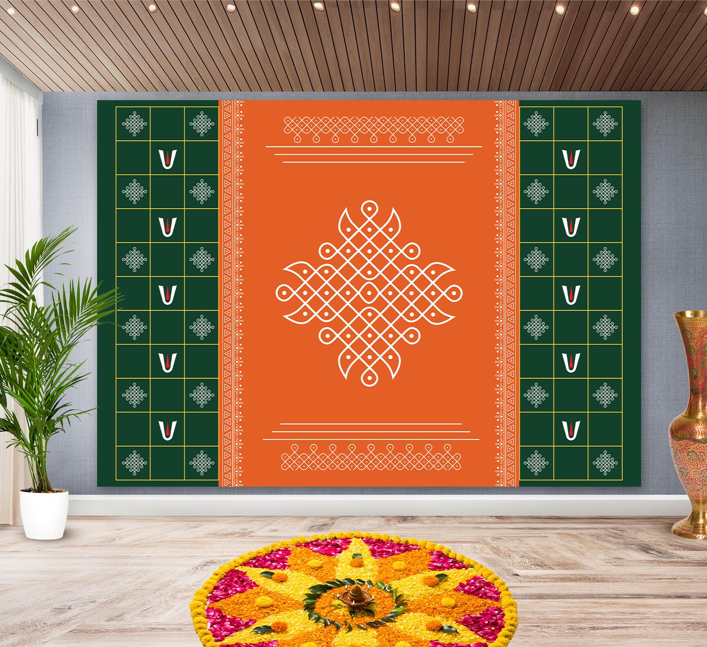 Kolam Backdrop for Decoration Indian - 7x5 Feet | Indian Backdrop Decorations for Puja Green | Pooja Backdrop for Mandir Decorations | Indian Decorations for Home, Housewarming, Weddings
