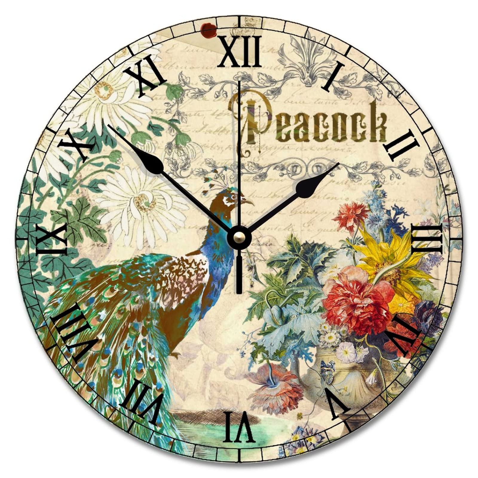 Horloge murale paon vintage rustique 30cm pour chambre