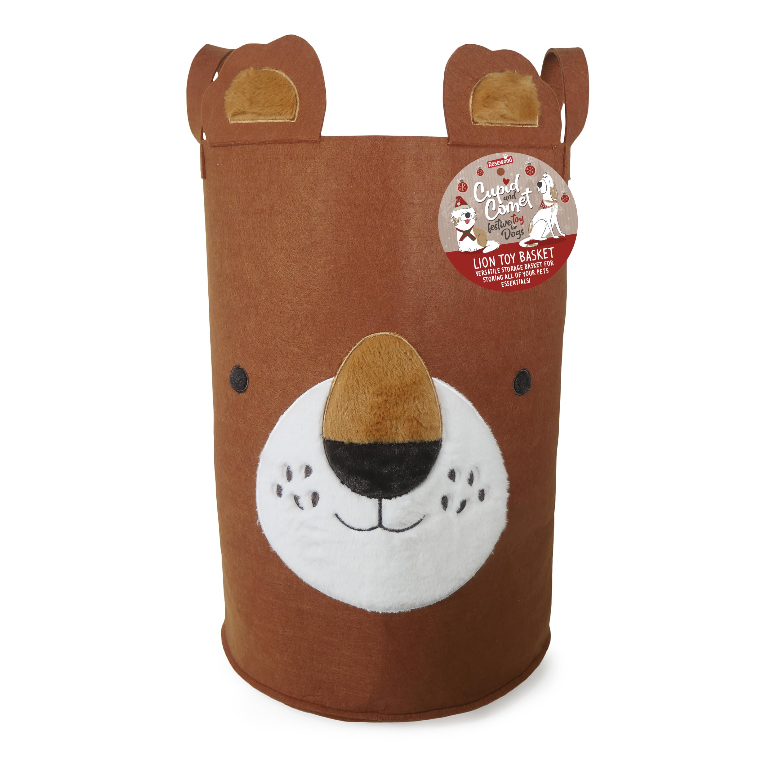 Rosewood Lion Toy Storage Basket – Adorable Animal Design with Plush Details, Soft Fabric & Carry Handles – Lightweight Dog, Cat & Puppy Toy Organiser – Pet Storage Solution for Home – 34 x 34 x 52 cm