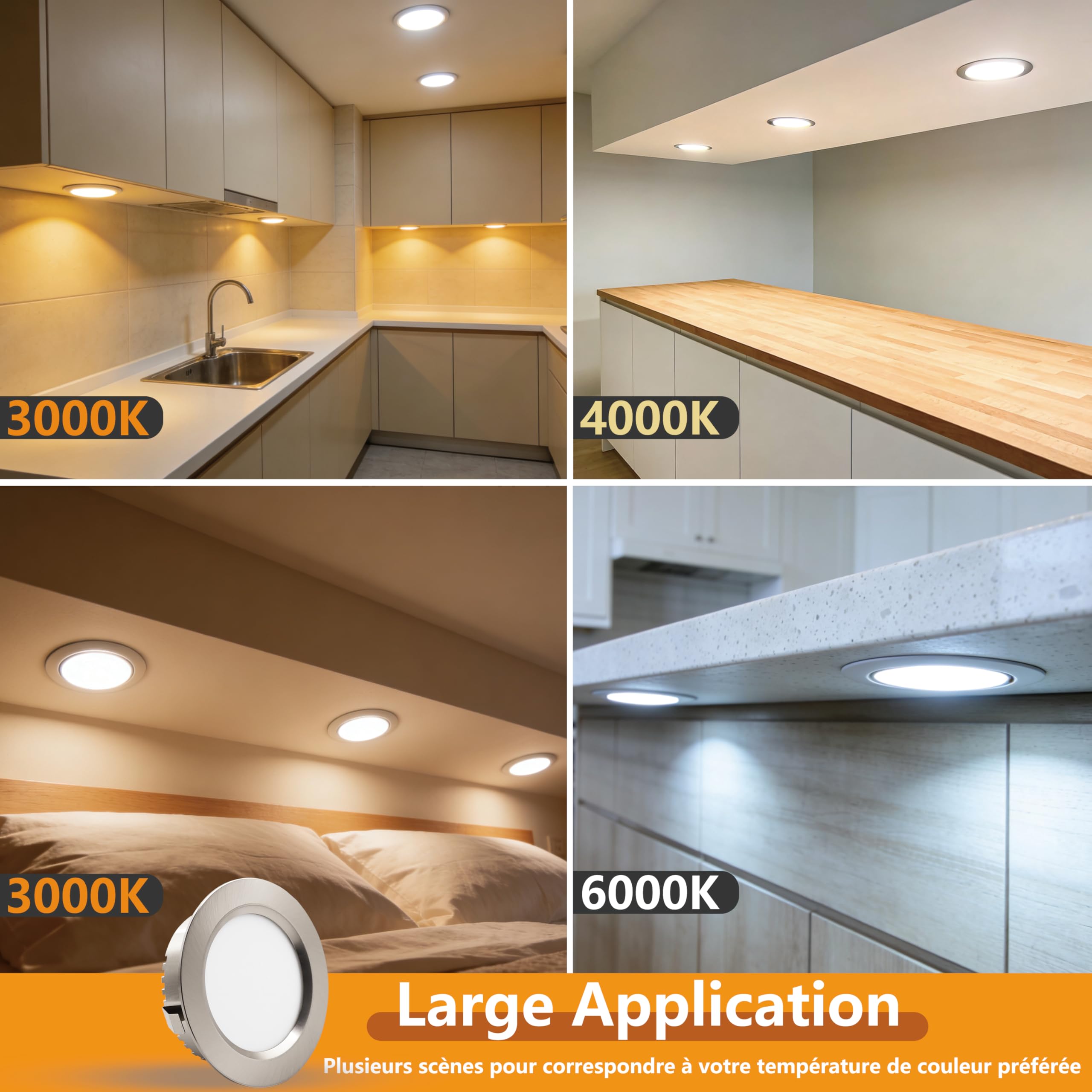 Spot LED Encastrable 5W 230V,Spots de Plafond Encastre 68mm-75mm Découpe,Extra Plat 20mm Blanc Chaud 2700K Blanc Neutre 4000K Blanc Froid 6000K IP44 Spot Salle de Bain pour Cuisine (Nickel, Lot de 6)