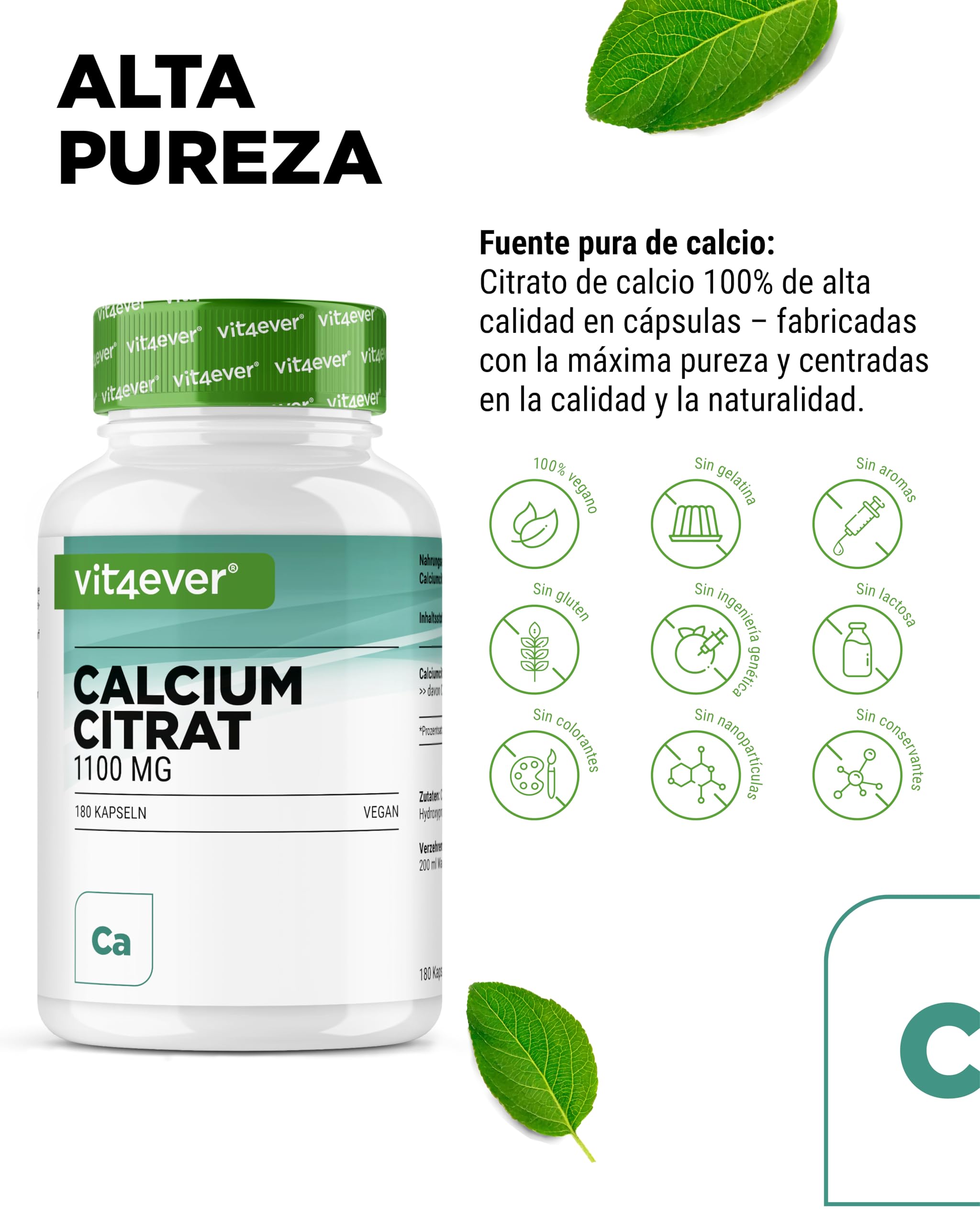 vit4ever Citrato de Calcio - 180 Cápsulas - Alta Dosificación con 1100 mg por Cápsula - Suministro para 2 Meses - Alta Biodisponibilidad - Calcio para Huesos, Dientes y Metabolismo Energético - Vegano