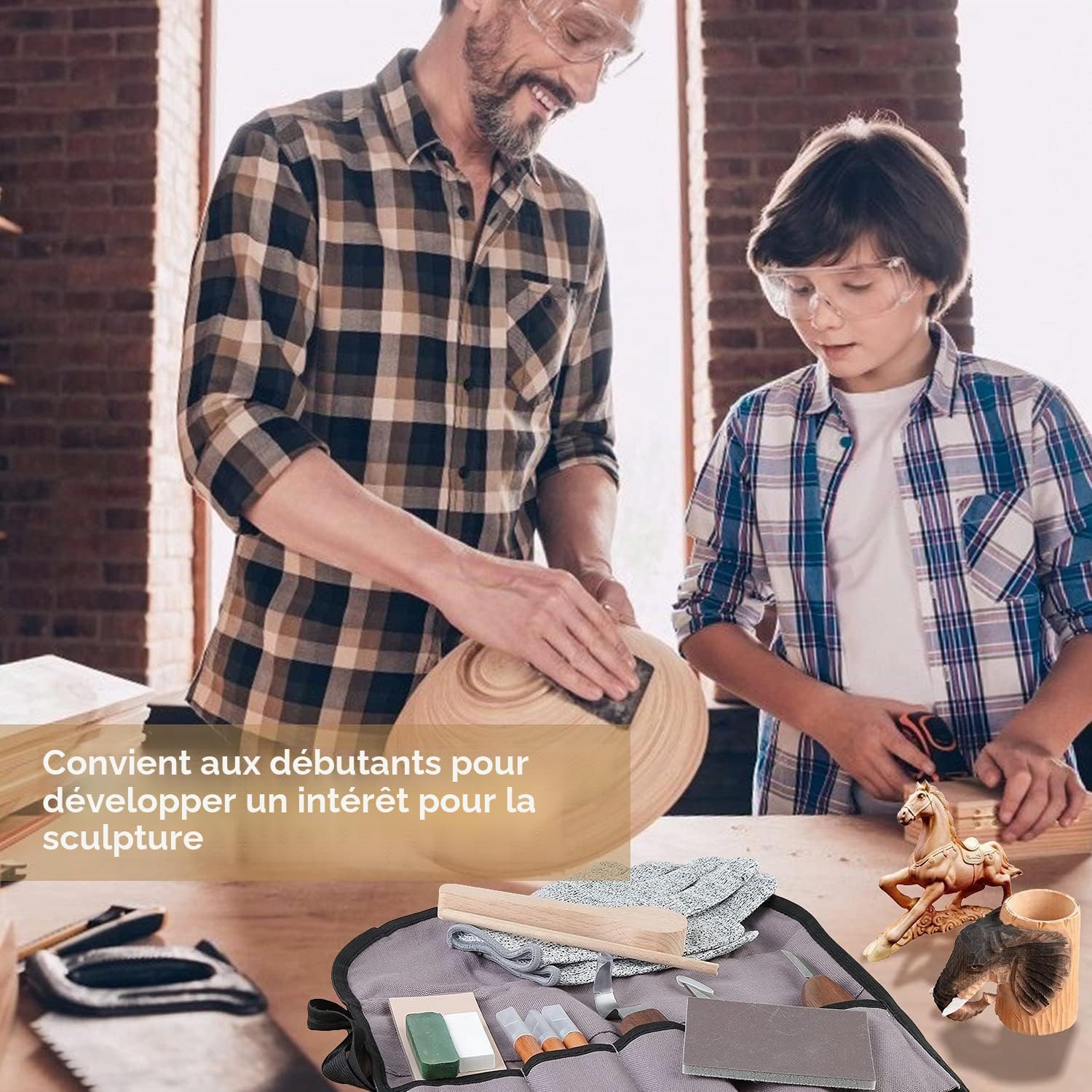 Outil de Ciseaux à Bois Kit, 14 Pièces DIY Outils de Sculpture avec Gants Résistants aux Coupures, Couteau de Sculpture pour Sculpteur, Charpentier, Amateur, Adultes