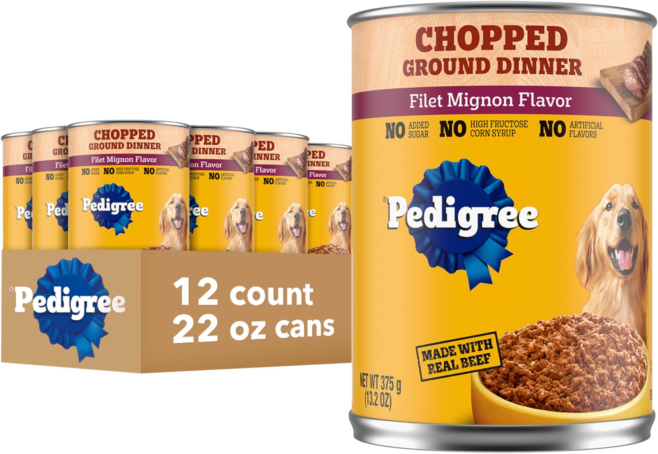 Pedigree Chopped Ground Dinner Adult Soft Wet Dog Food with Filet Mignon Dinner, Canned Dog Food, 13.2 oz. Cans, 12 Count