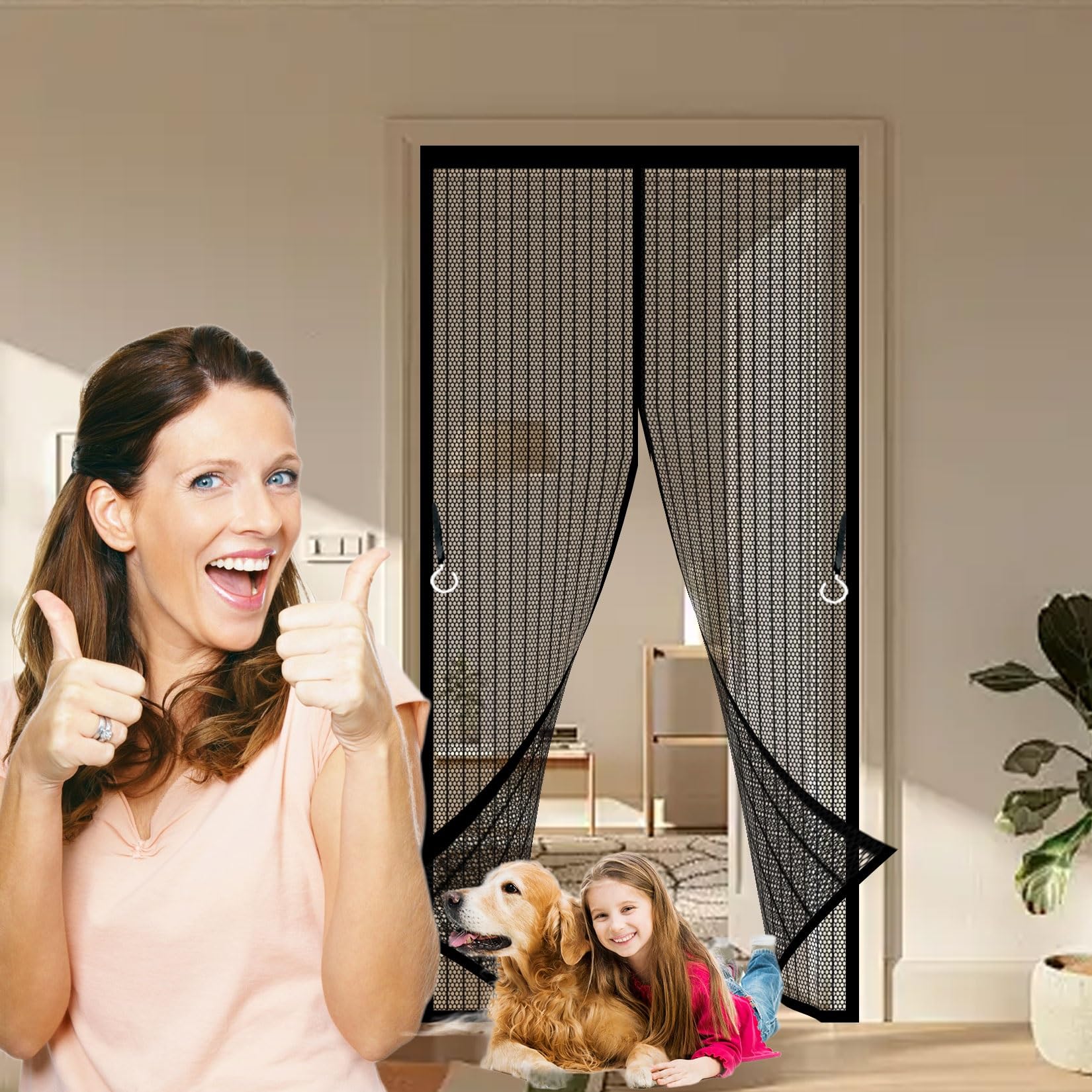 Mosquito Door Screen 116 x 235 cm Powerful Magnets, Self-Sealing, Polyester Door Screen, Nets Patio Curtain Heavy Duty, Lets Fresh Air Pet and Kid Friendly, Black