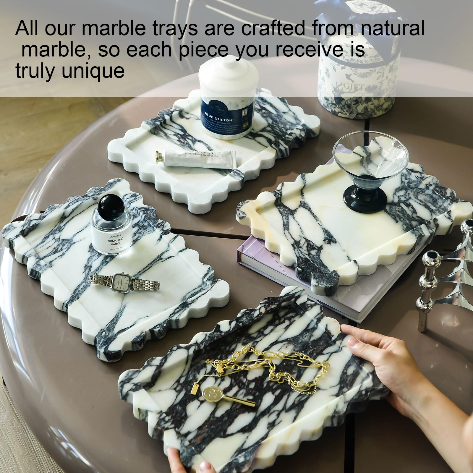 100% natuurlijk marmeren dienblad luxe Calaccata altviool marmeren opbergbak voor huisdecoratie stenen dienblad voor badkamer/keuken/ijdelheid/ dressoir, plaathouder voor weefsels, kaarsen, handdoek