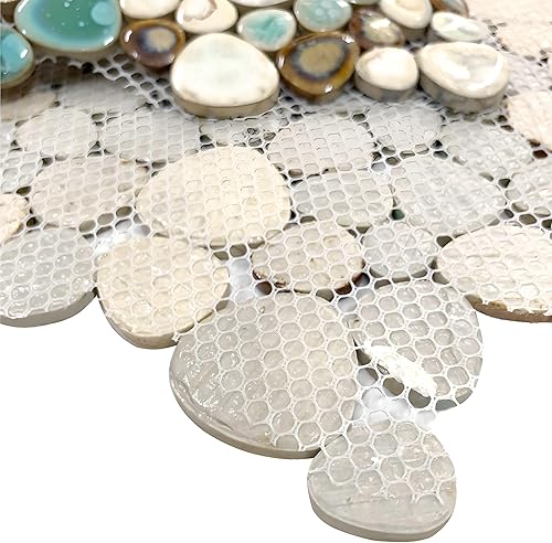 Miniatura 4 de Hominter Mosaico de porcelana de guijarros brillante mezclado con aguamarina, crema y café esmaltado azulejos de cerámica para baño, suelo de ducha,