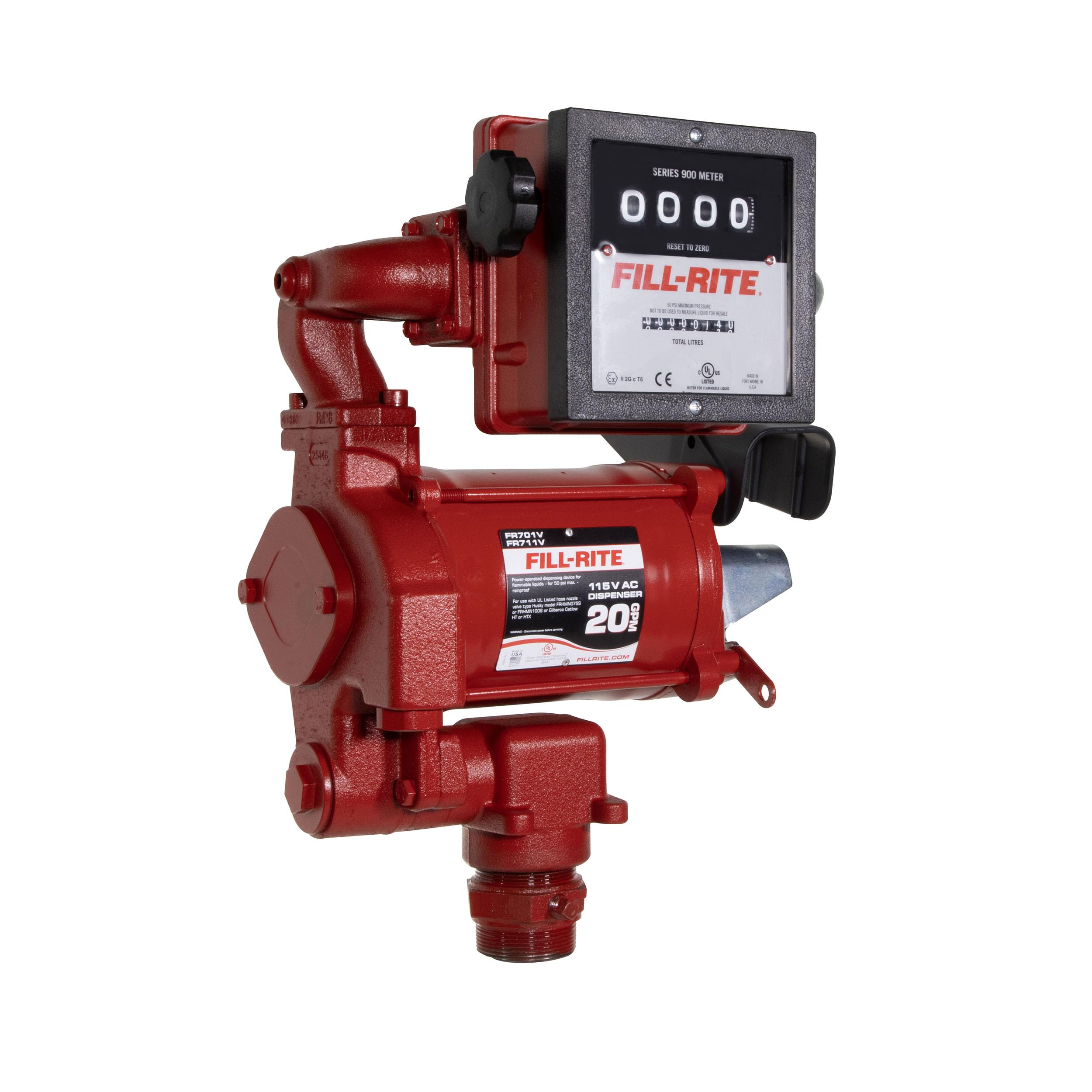 Fill-Rite FR711VLN Fuel Transfer Pump with 901CL Mechanical Liter Meter, 115V AC, 20 GPM, Cast Iron Rotary Vane Pump, 1" NPT Outlet, 2" Bung Mount, for Gasoline, Diesel, Biodiesel &amp; Kerosene