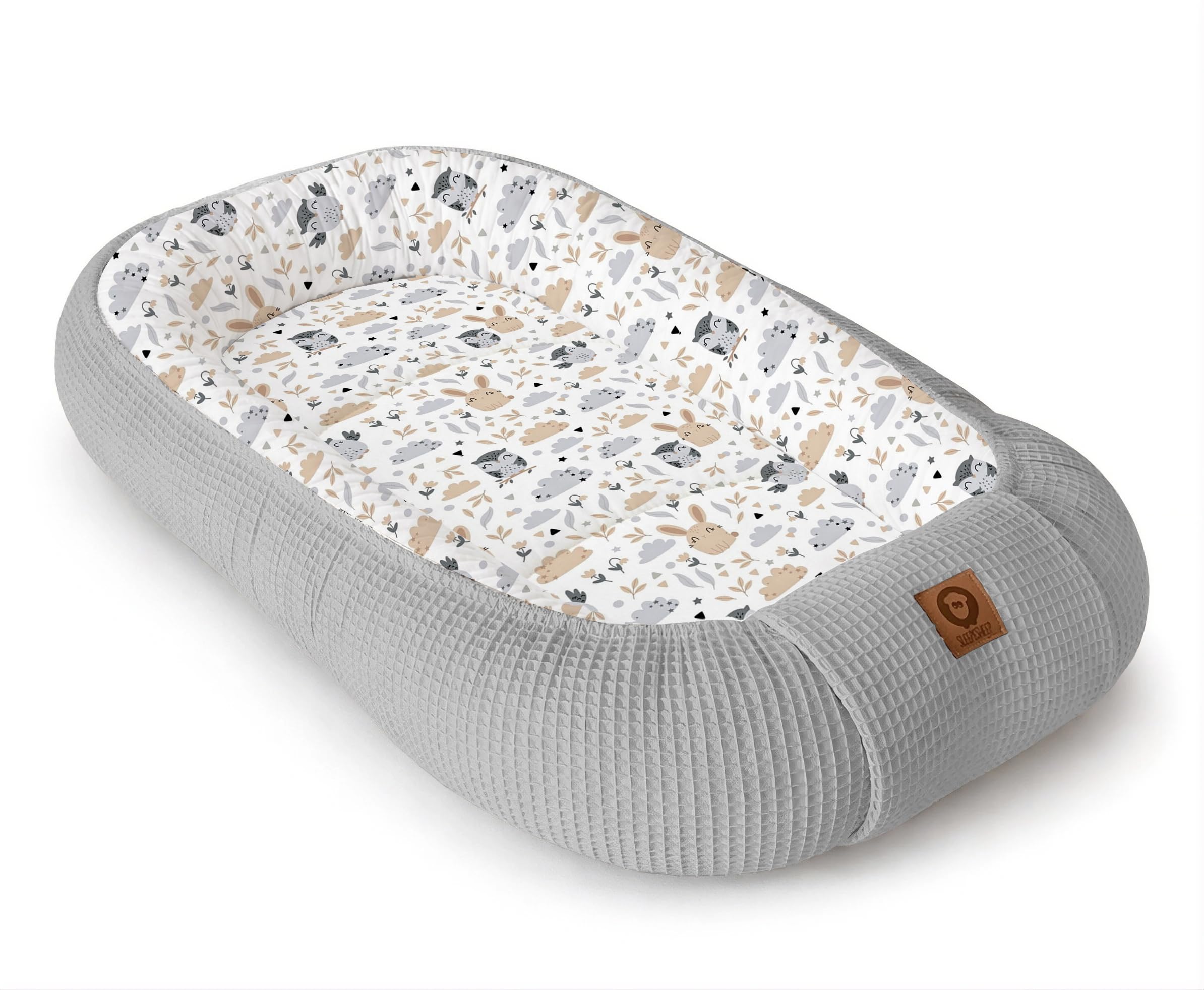Babynestchen Neugeborene – Nestchen Baby aus Waffel Baumwolle & Baumwollstoff – Babynest für Babybett & Kinderbett – Baby Kokon Tragbar – OEKO-TEX zertifiziert – Zubehör für Babybett - Eulen und Grau