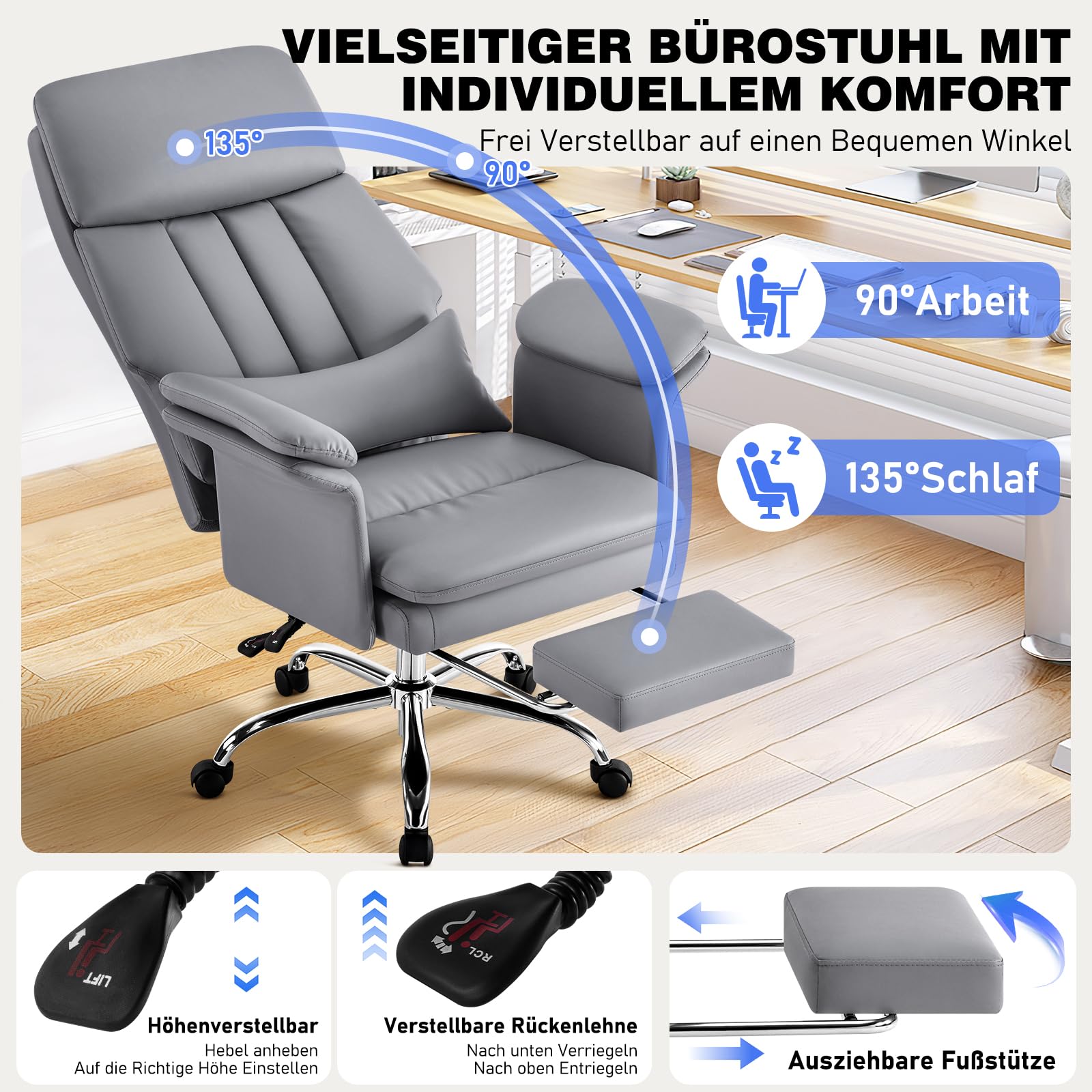 Hellove Bürostuhl mit Fußstütze & Lordosenstütze – Ergonomischer Chefsessel 135° Neigung, Feste Armlehnen, PU-Leder, Höhenverstellbar bis 200 kg für Homeoffice, Grau
