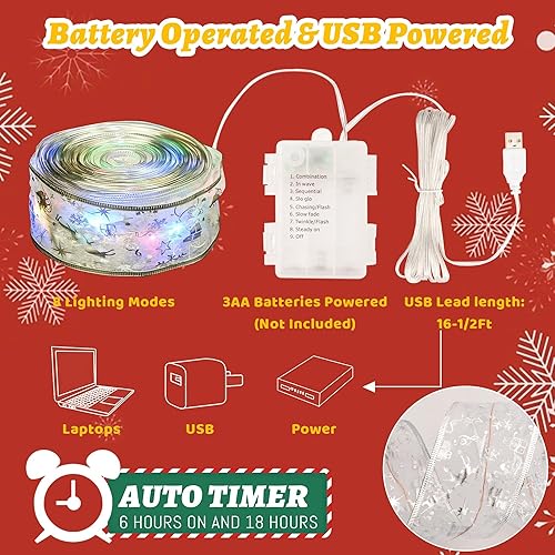 Miniatura 3 de Christmas Decorations, 2.5Inch x 33Ft 100 Led Christmas Tree Ribbon Lights with Remote Control, Battery Operated & USB Powered 8 Lighting Modes
