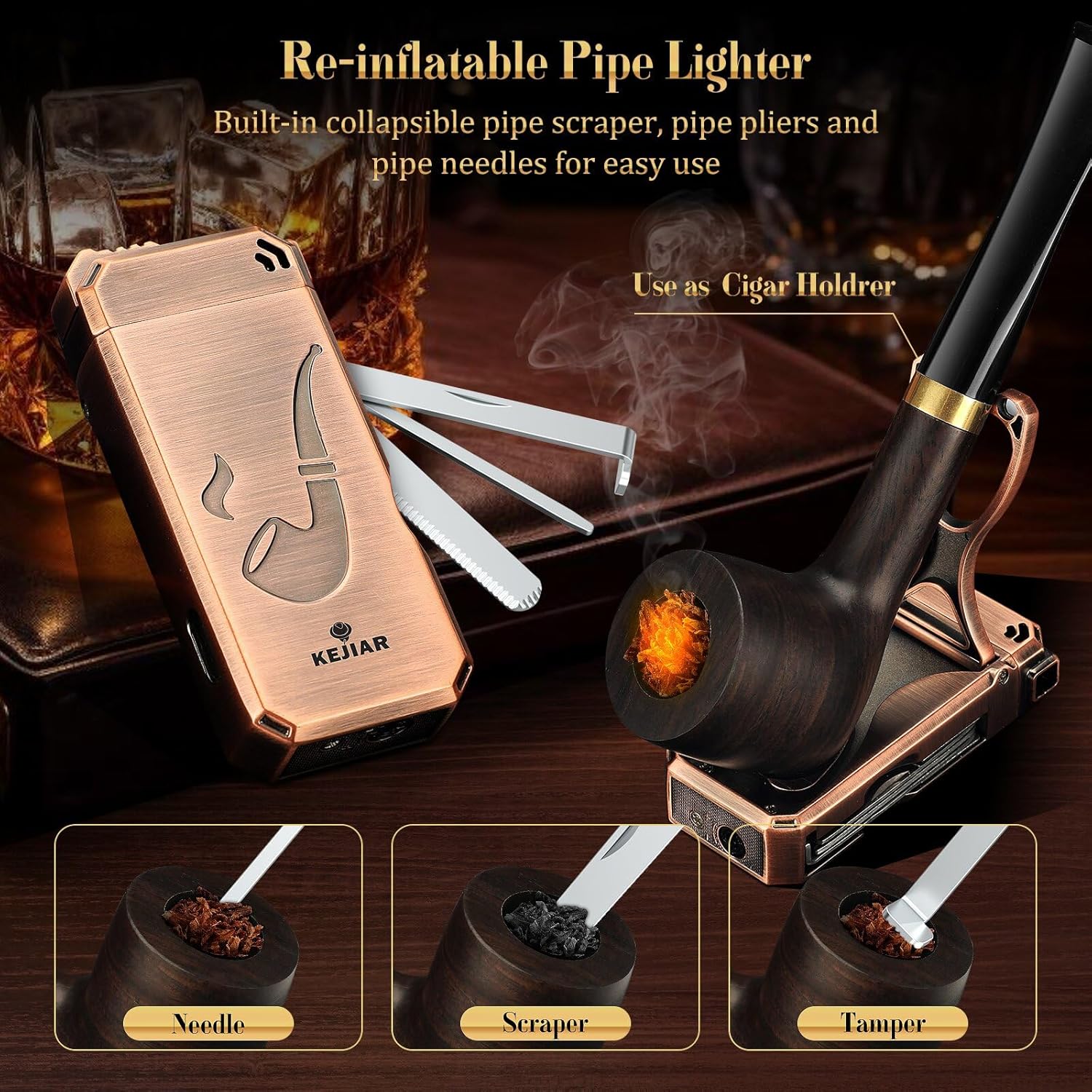 Tobacco Pipe Set, Handmade Wooden Pipe, Soft Flame Pipe Lighter and Smoking Pouch Set.Equipped With Pipe Cleaning Strips, Flame Retardant Mesh, Filters and Lighter, Comes with 3 Collapsible Cleaning Tools and Racks, Great Gift For Men (Gas Free)