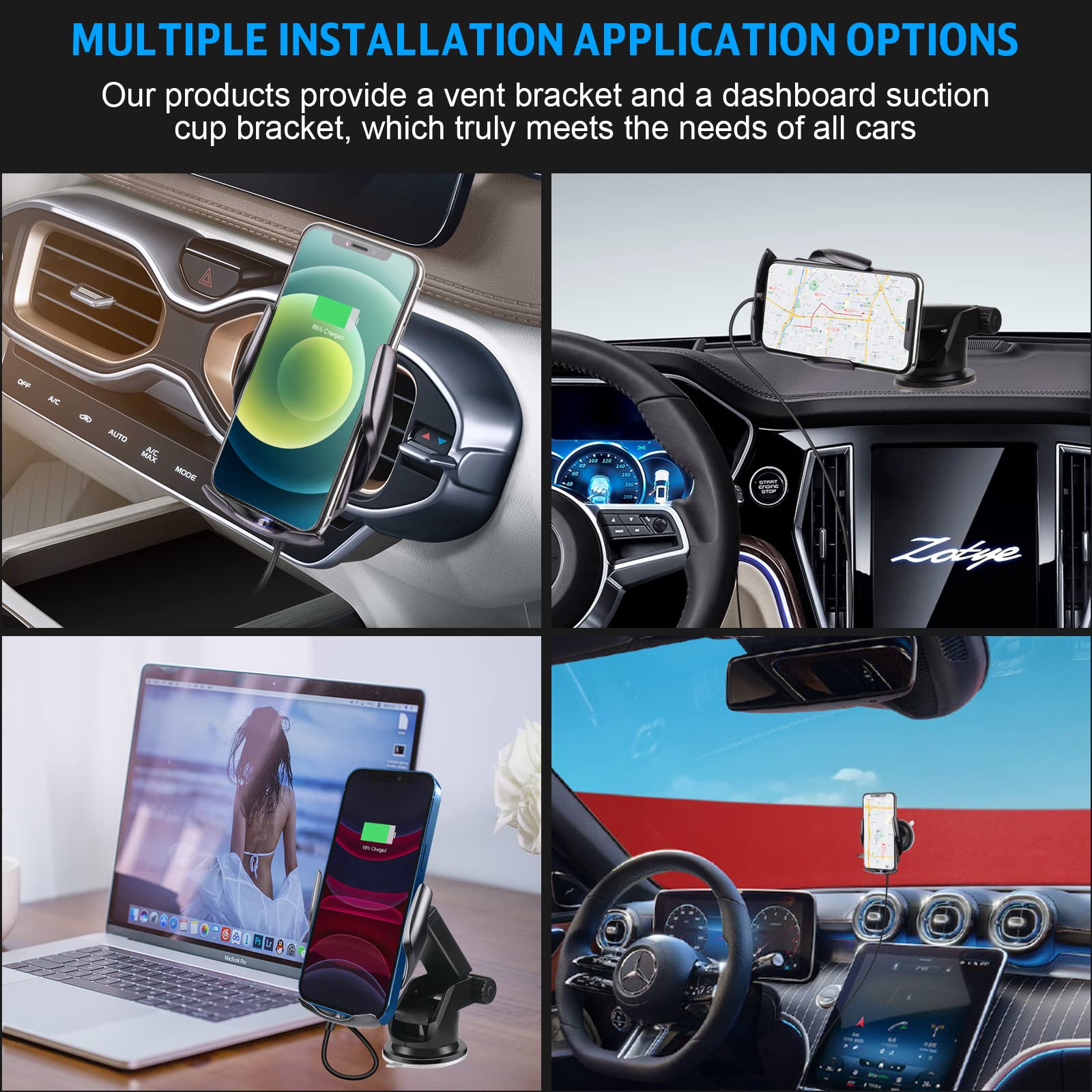 YUSHI Wireless Car Charger, 15W Fast Wireless Charger Automatic Sensor Auto-Clamping Car Mount, Includes a Ventilation Bracket and a Dashboard/Windshield Rotating Bracket