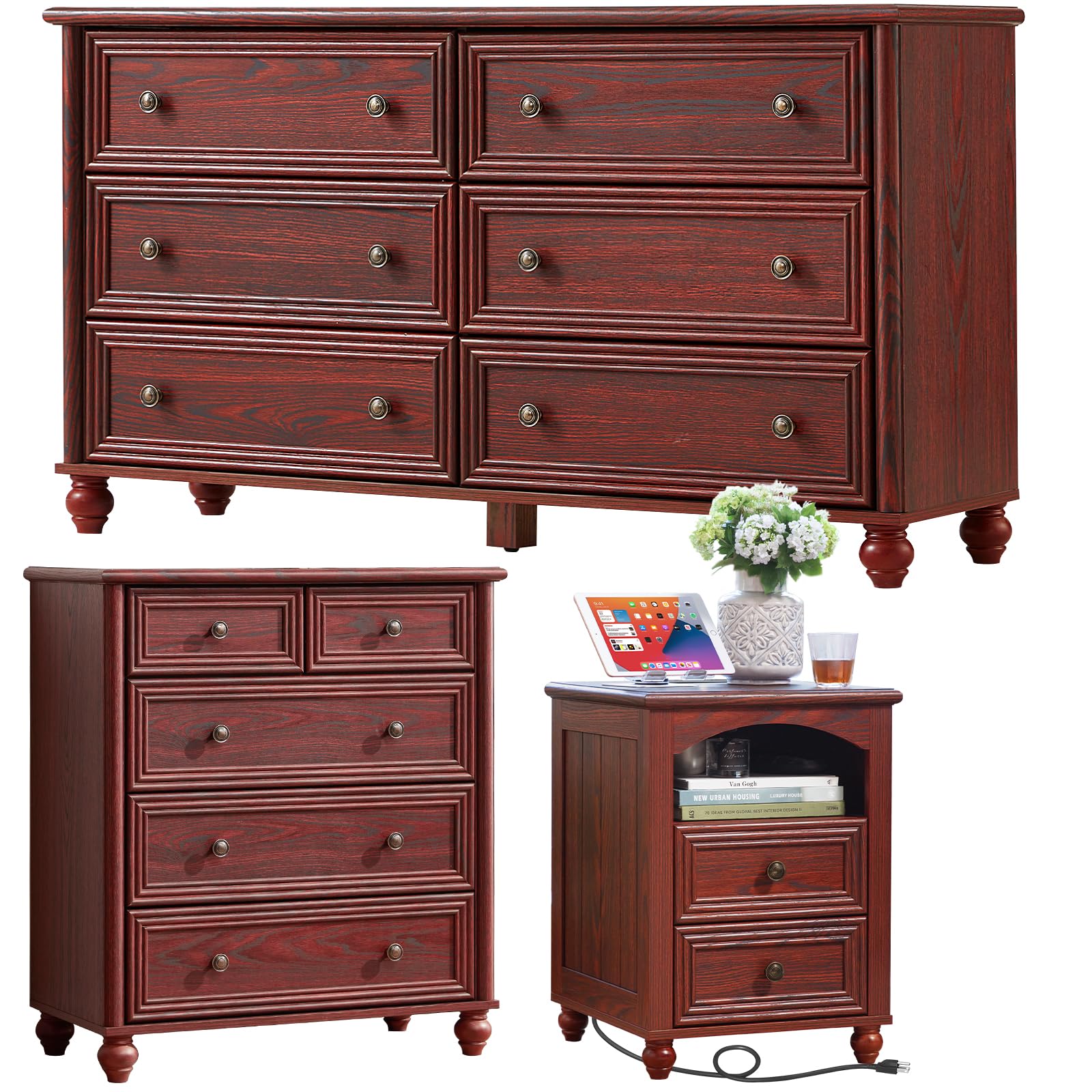 Farmhouse Dressers & Night Stand Set of 3, Wood 54" Wide 6 Drawer Dresser & 35.5"Tall Chest of Drawers, 18" with Charging Station Nightstand, Bedroom