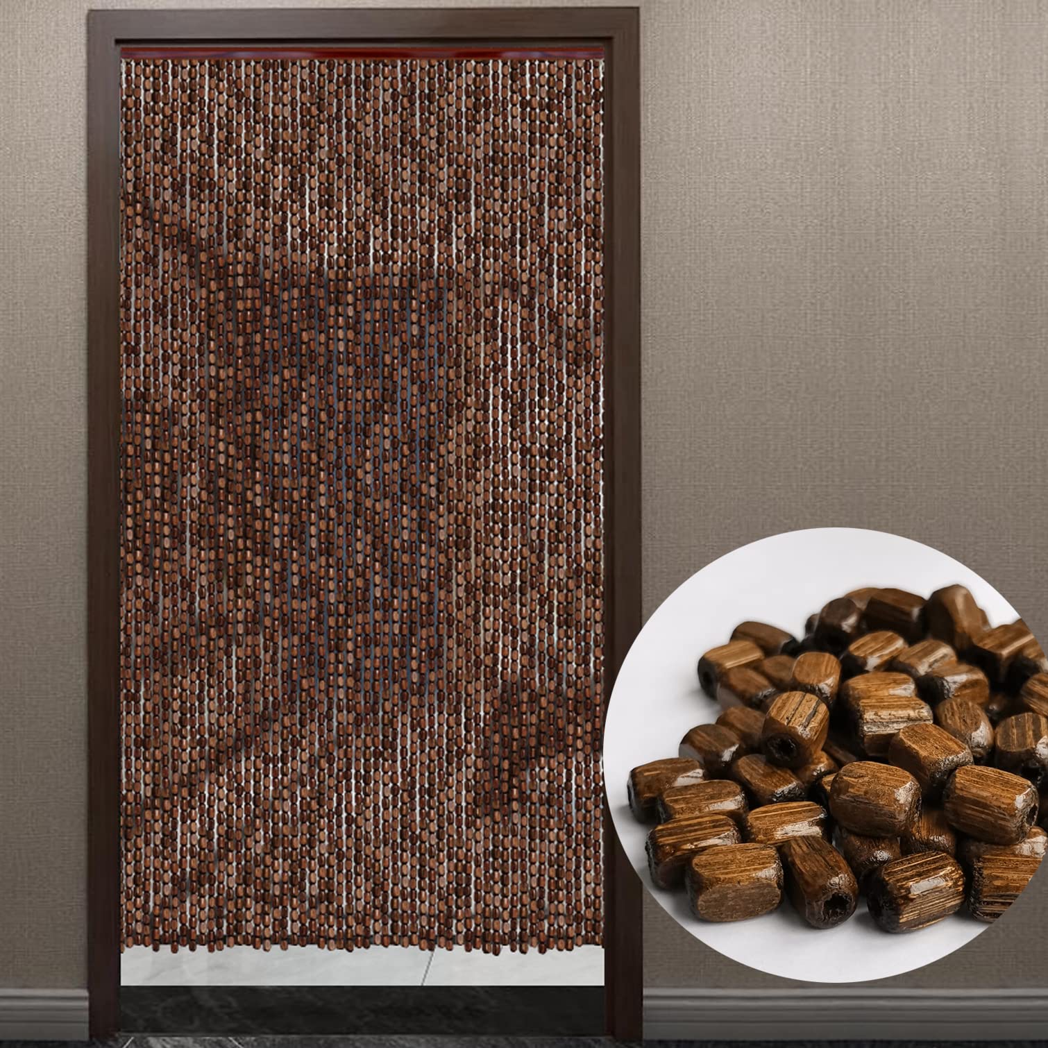 Zasłona na drzwi z bambusowych koralików, drewniana ścianka działowa, możliwość personalizacji dekoracji wnętrz/na zewnątrz (60 nitek, 60 x 100 cm), elegancka i stylowa dekoracja wejścia