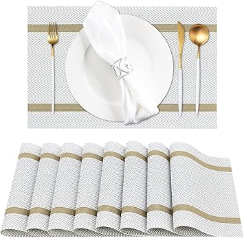 White Woven PVC Placemats Mats Set of 6 | Heat Resistant Non Slip Washable Dining Table Mats | Table Place Mats for Kitchen, Dining, Room, Home, Restaurant, Table Protection