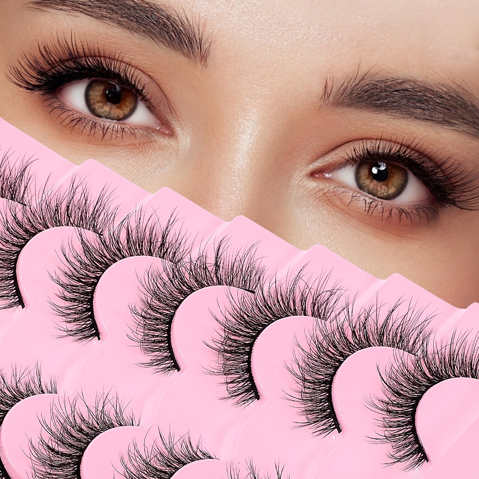 FNANJWQ 7 Pair Strip Natural Look Wispy Eyelashes 3D Wispy Fluffy Cat Lightweight Eyelashes 16 mm C Curl