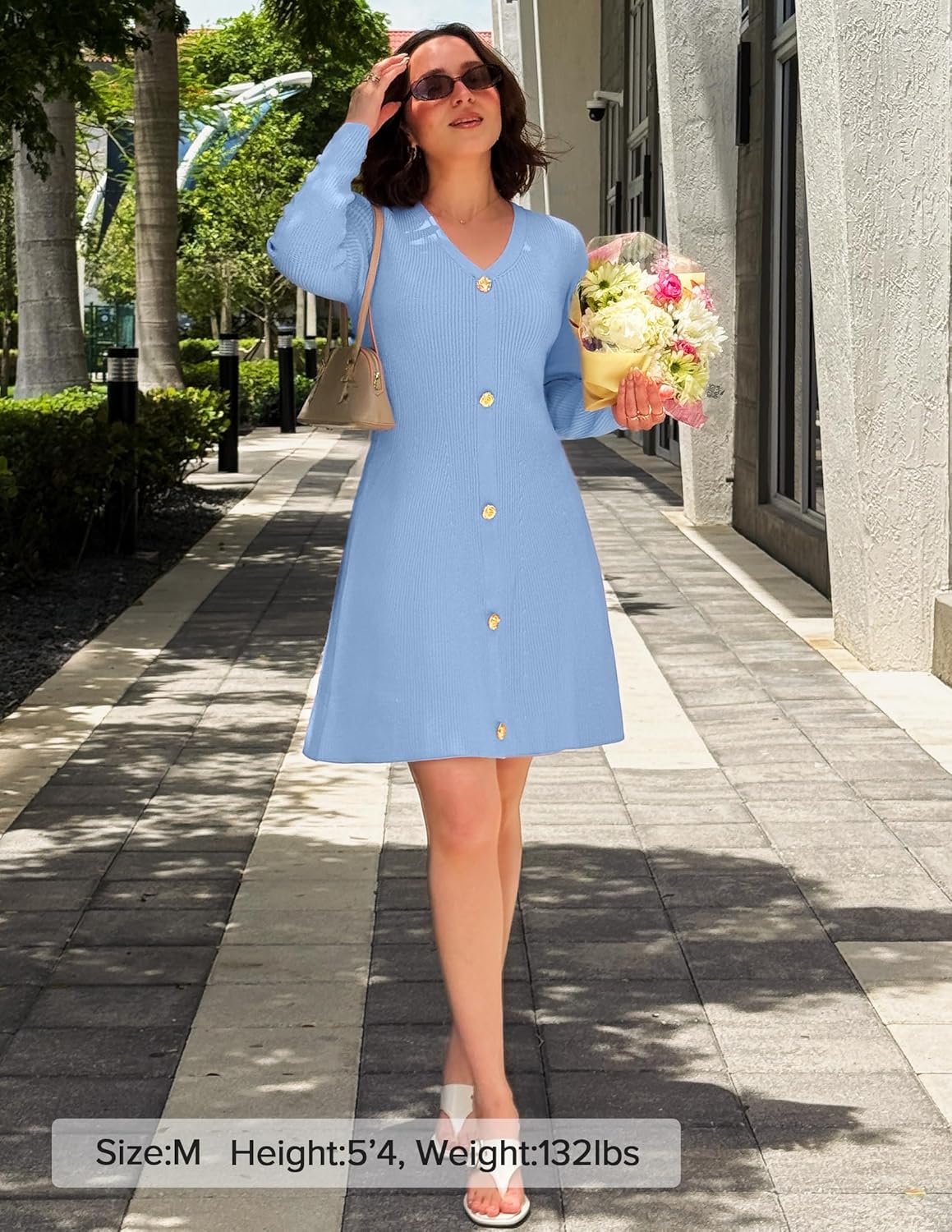 ZESICA Women's Fall Long Sleeve Sweater Dress 2026 Casual V Neck Button Ribbed Knit A Line Swing Mini Dresses - Image 5