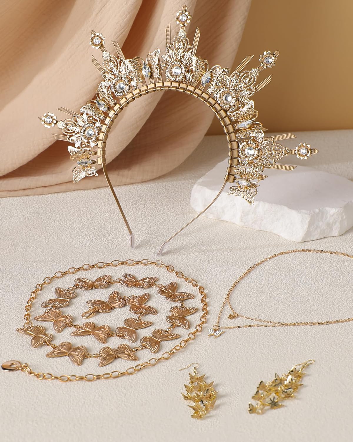 4 Pcs Goddess Costume Accessories Set, Renaissance Golden Sunburst Butterfly Halo Crown with Earring Necklace and Waist Chain, Renfaire Greek Sun Goddess Headpiece for Women Halloween - Image 6