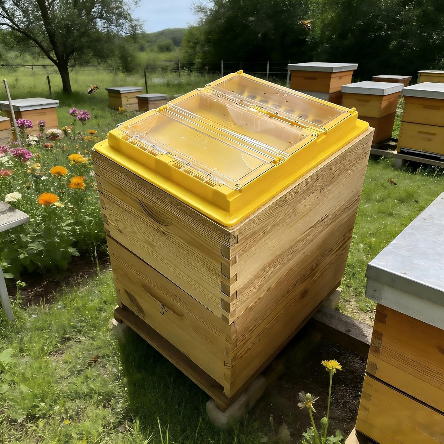 Bee Top Feeder for Hives - Dry & Wet Separation Design, Hive Feeder Large Capacity Water/Pollen Slurry Feeder for Beekeeping 19.7X16inch - Image 3