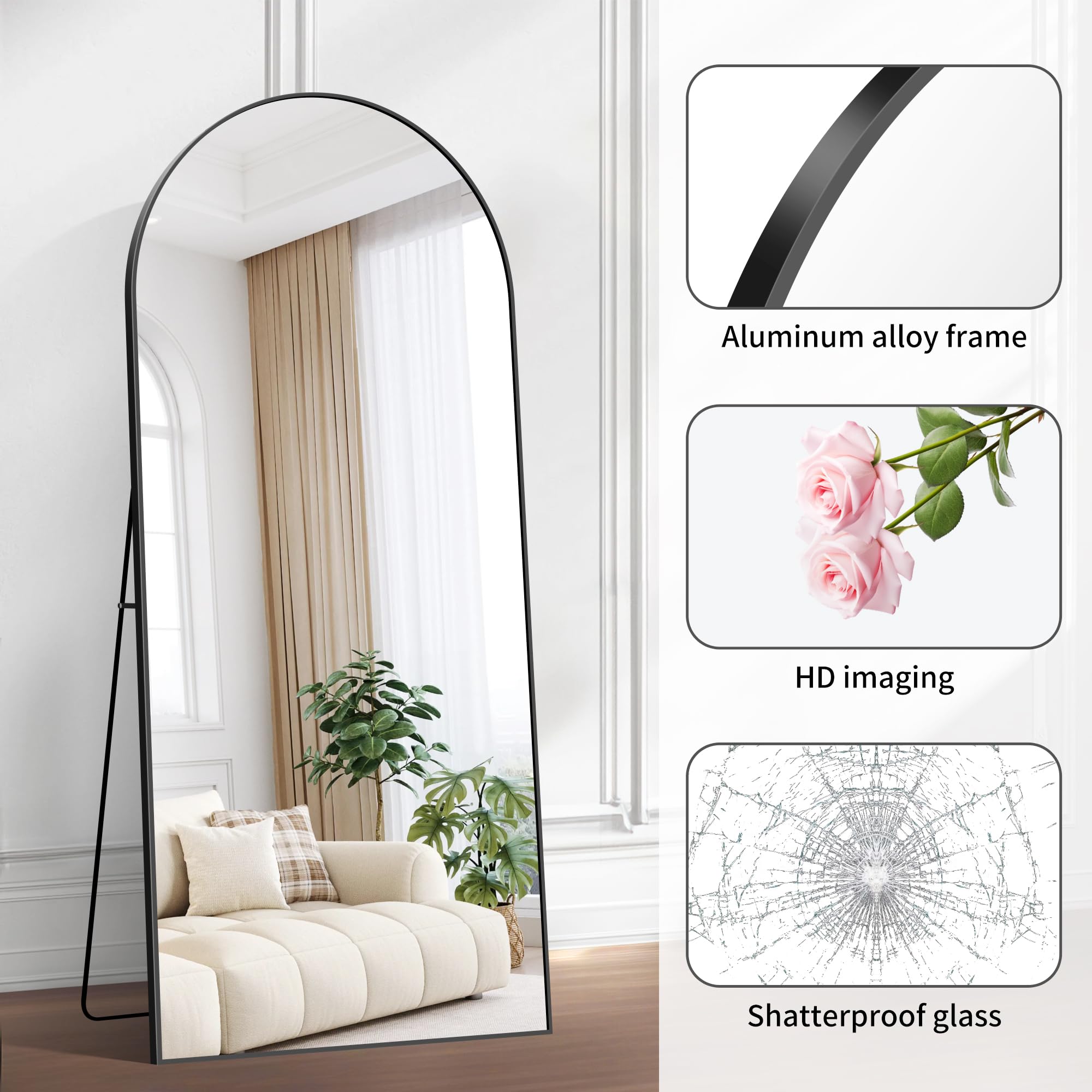 Wolibeer Wandspiegel 75x50 cm, Gebogen Wandspiegel met Zwart Aluminium Frame, Spiegel voor Badkamer, Slaapkamer, Entree, Gang, Kaptafel, Huisdecoratie