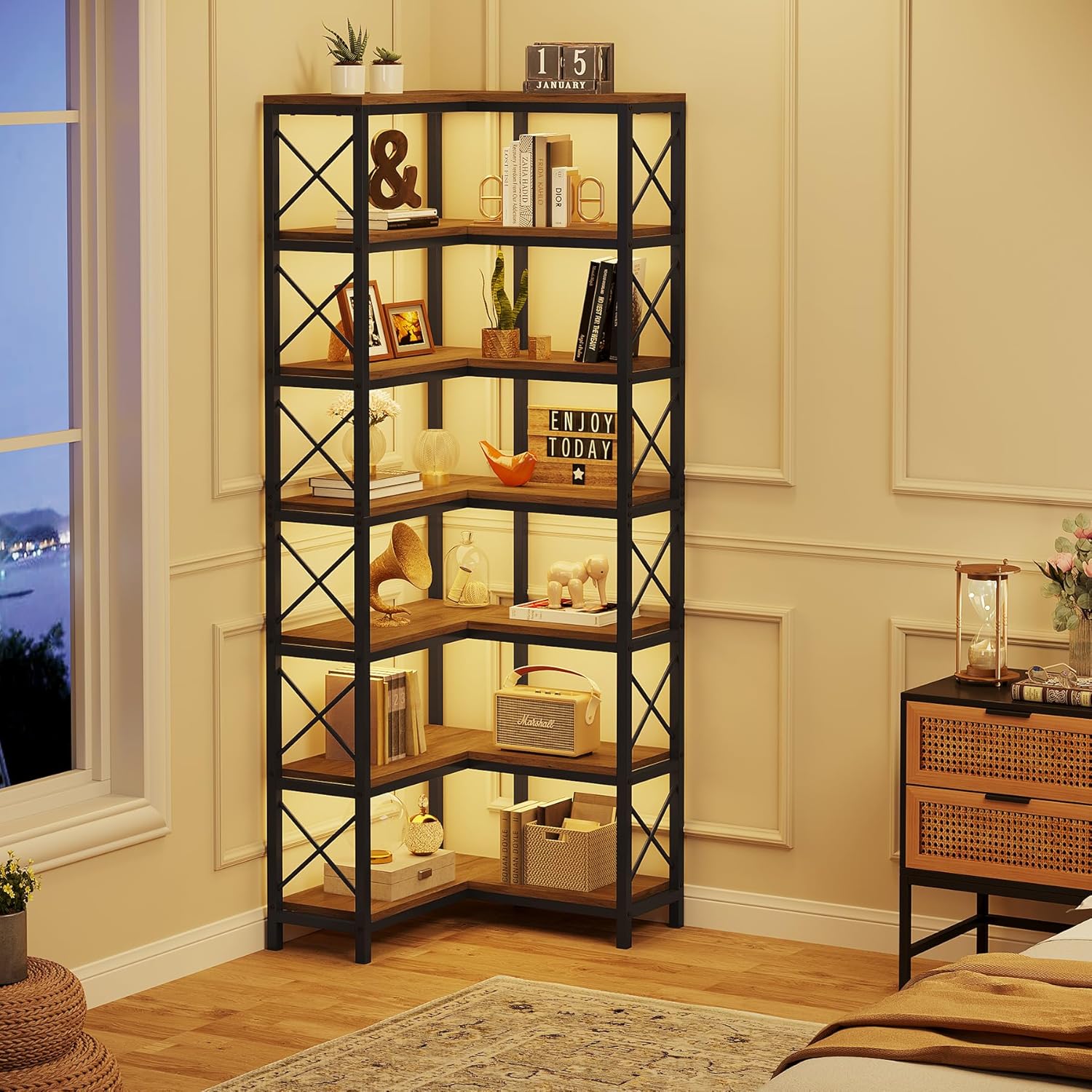 Tribesigns 7-Shelf Corner Bookshelf,Large Modern Corner Bookcase, 7-Tier Tall Corner Shelf Storage Display Rack with Metal Frame for Living Room Home Office (Grey)