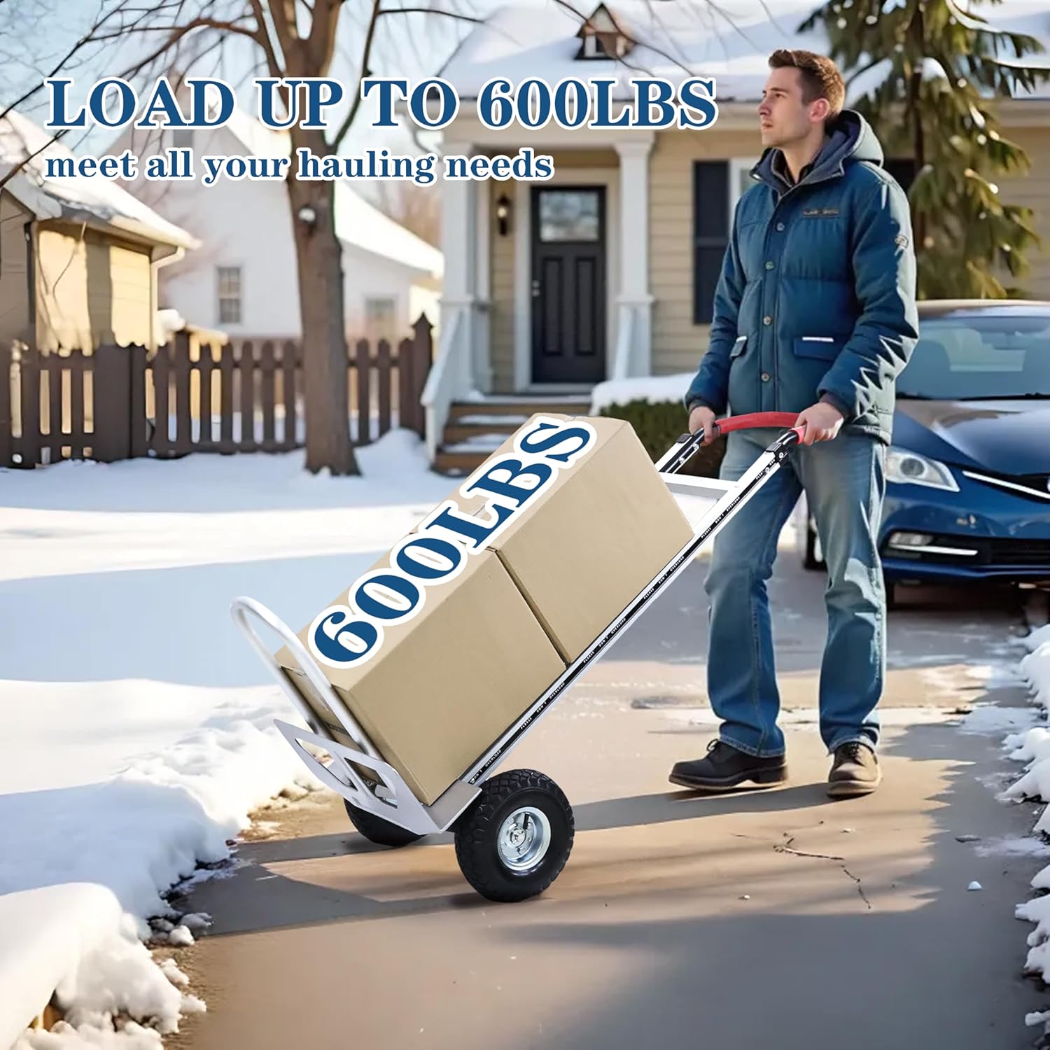 Aluminum Alloy Hand Truck with U-Shaped Handle, 2 Rubber Wheels, 600 lb Capacity, Ext endable Base Plate - Suitable for Warehouse, Office, Home & Multiple Usage Scenarios
