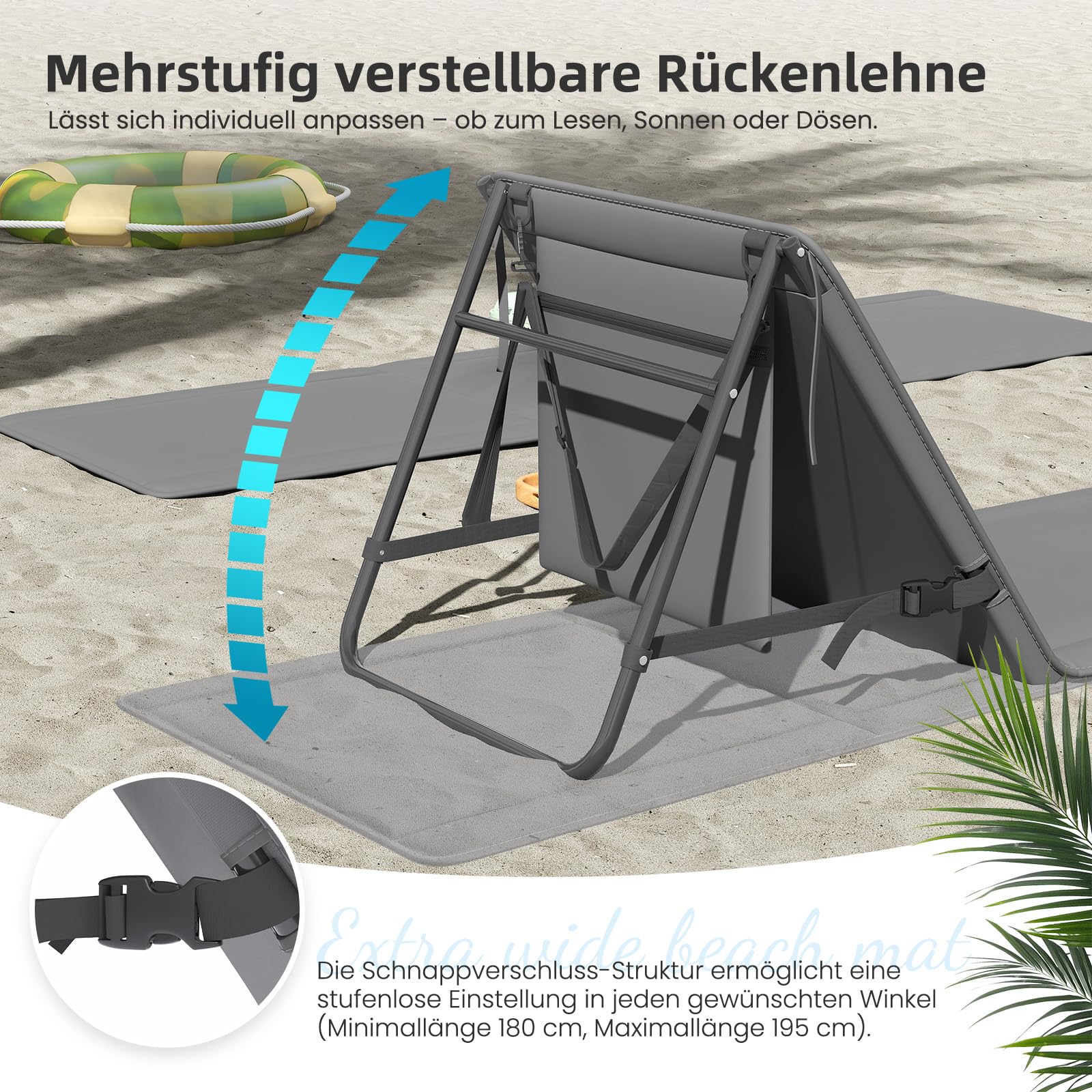 Amopatio 2er Set Strandmatte Klappbar mit Mehrstufig Verstellbarer Rückenlehne & Tragegurt – Faltbare Sonnenliege mit Tasche für Strand, Garten, Camping & Terrasse, Grau