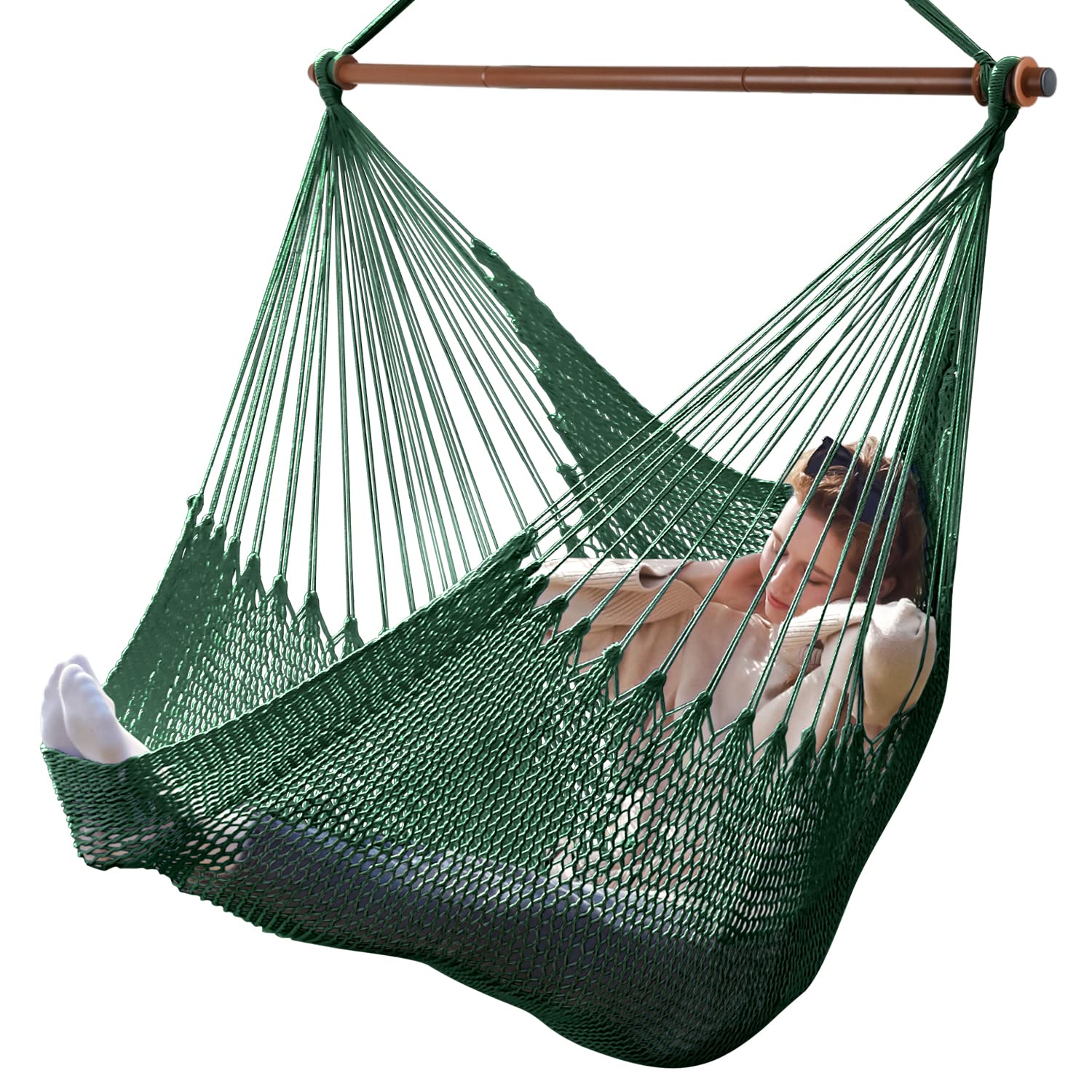 Upgraded Caribbean Hammock Chair with Detachable Metal Bar, Large Hammock Swing Chair, XL Rope Hanging Chair for Outdoor Indoor, 330 LBS Weight Capacity, ForestGreen