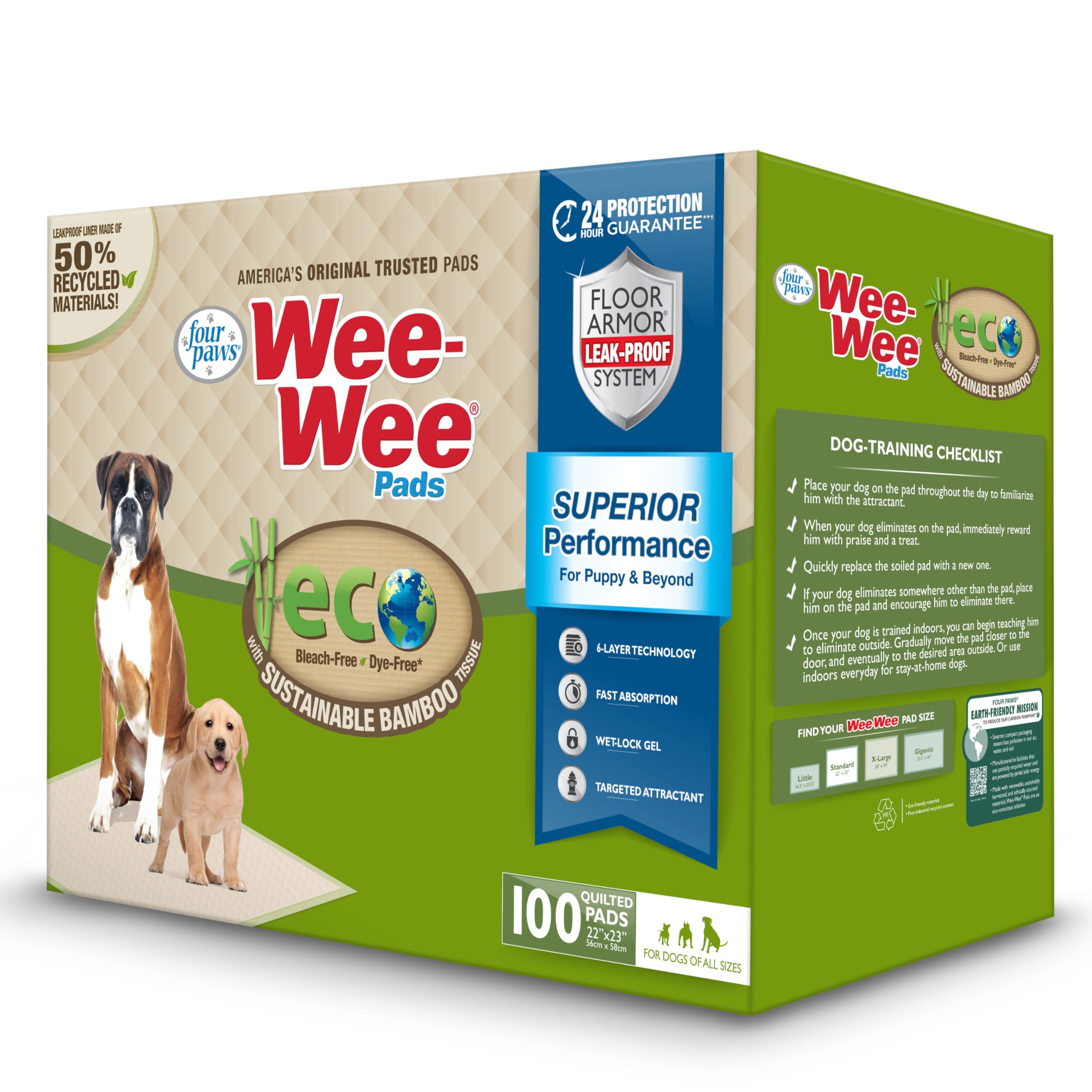Four Paws Wee-Wee Superior Performance Bambus Urinierunterlagen für Hunde, umweltfreundliche Hunde- und Welpen-Töpfchentrainingspads, Kisteneinlagen, Hausbruchzubehör, 55,9 x 58,4 cm (100 Stück)