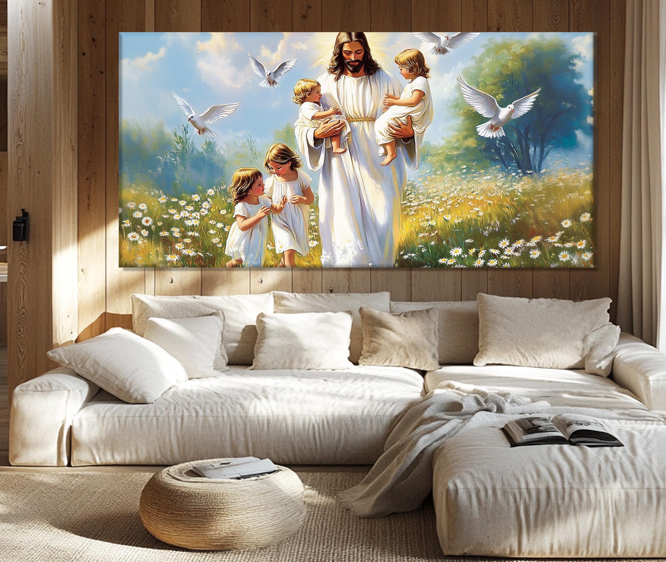 lianyibo Impresión en lienzo de Jesucristo con niños, lienzo de la Sagrada Biblia, arte de pared, Jesús con niños, arte religioso para decoración del hogar (70 x 140 cm/sin marco)
