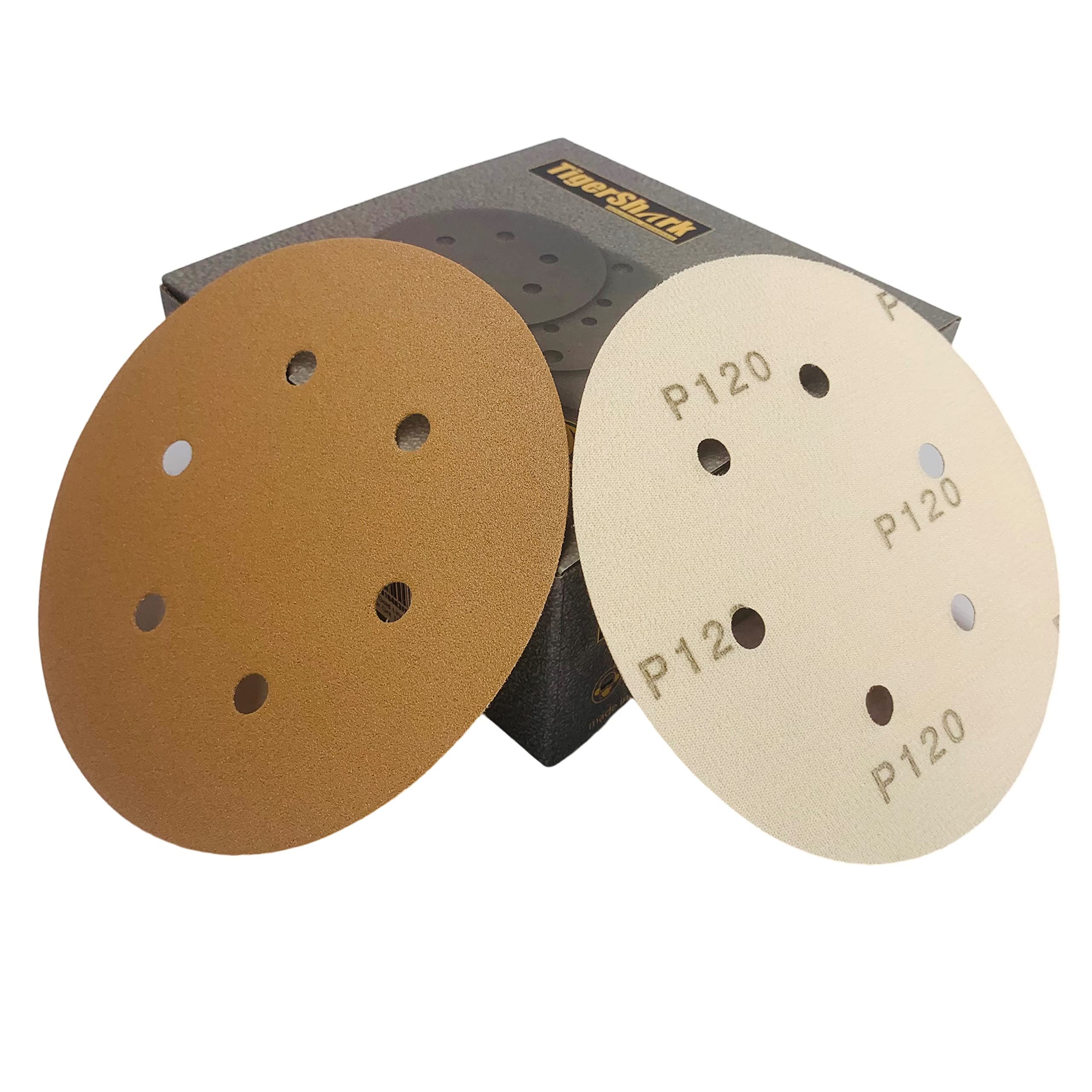 TigerShark 6 Inch 6 Hole Sanding Discs Grit 120 50pcs Pack Special Anti Clog Coating Paper Gold Line Hook and Loop Dustless Random Orbital Sander