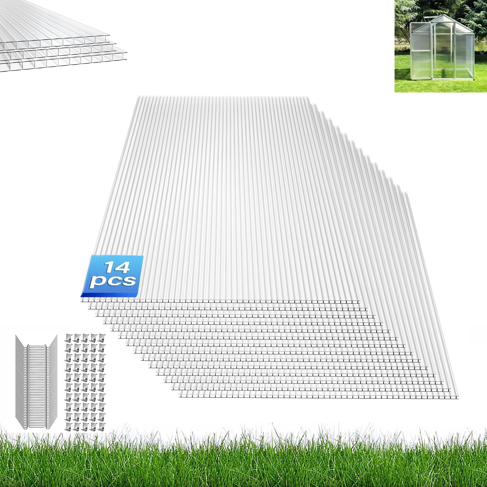 Aufun Poliwêglanowych Podwójnych komorowego o wymiarach 60,5 x 121 cm, do szklarni, 4 mm, podwójna płyta komorowa, 10,25 m², płyta komorowa, płyta szklarniowa do ogrodu (14 sztuk, przezroczysta)