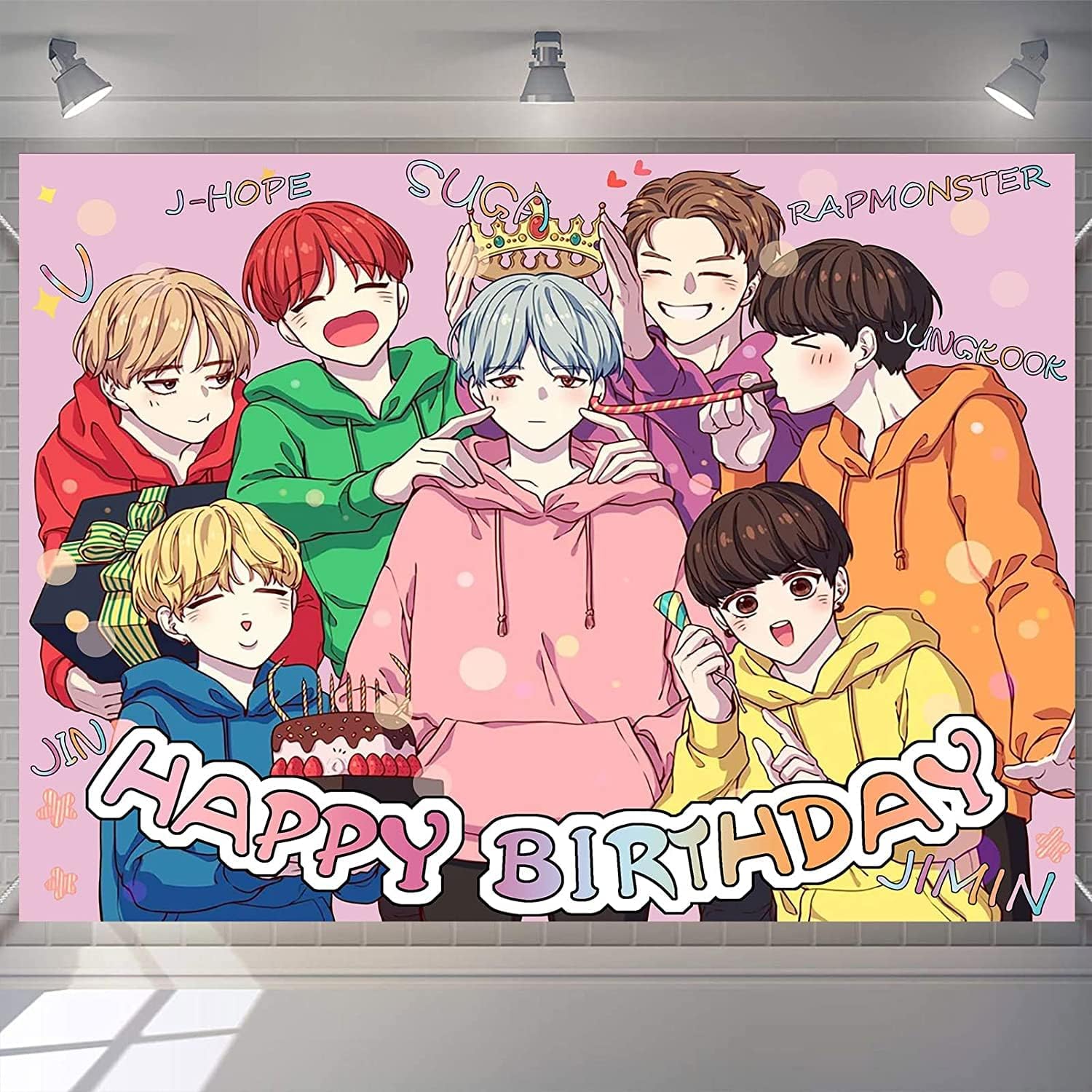 BTS Happy Birthday Backdrop Cartoon Bangtan Boys Banner Poster for Girls BTS Theme Party Decorations Kpop Birthday Supplies Background Studio Shoot Photo Props Booth, 5X3 FT