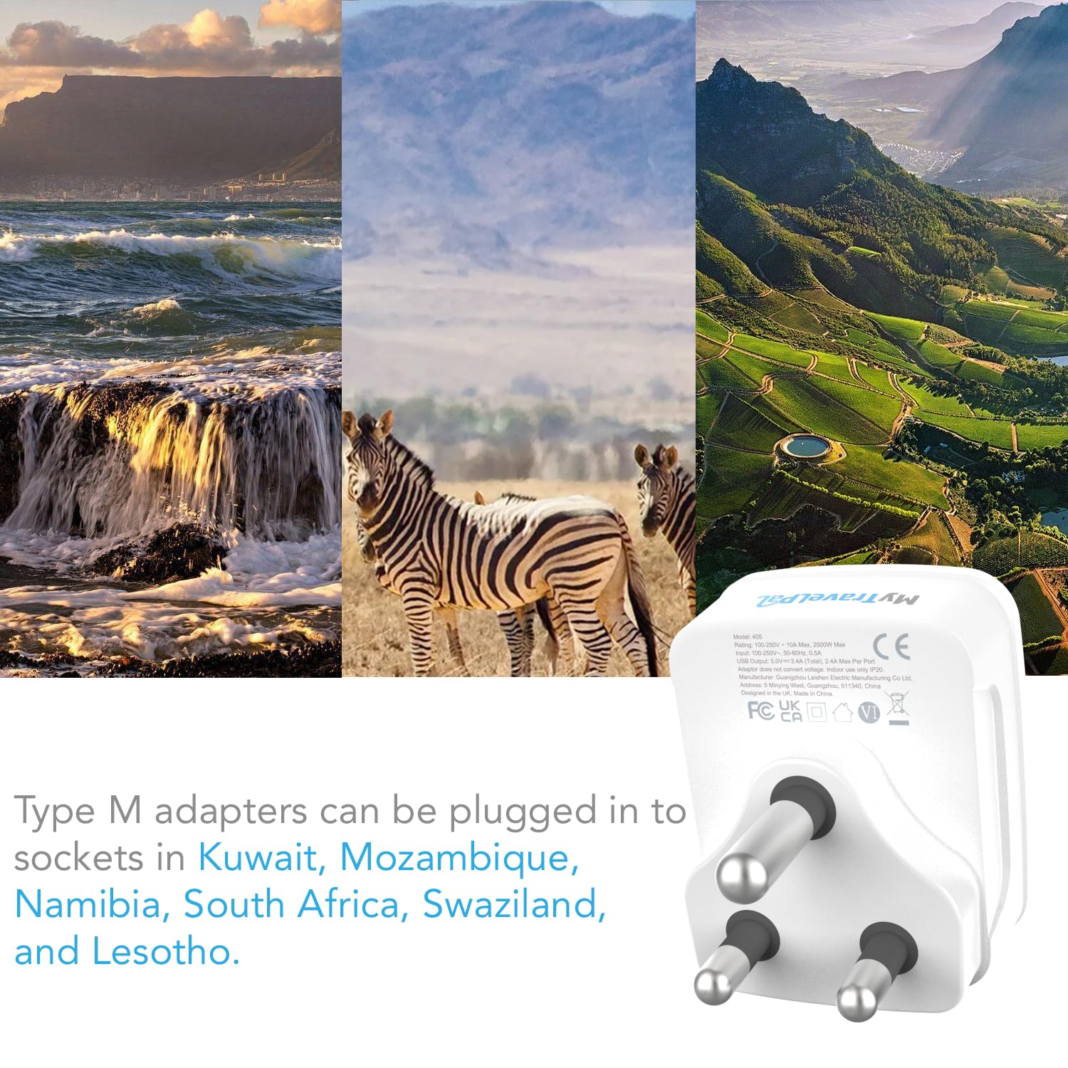 UK To South Africa Plug Adapter with USB C, White - Image 2