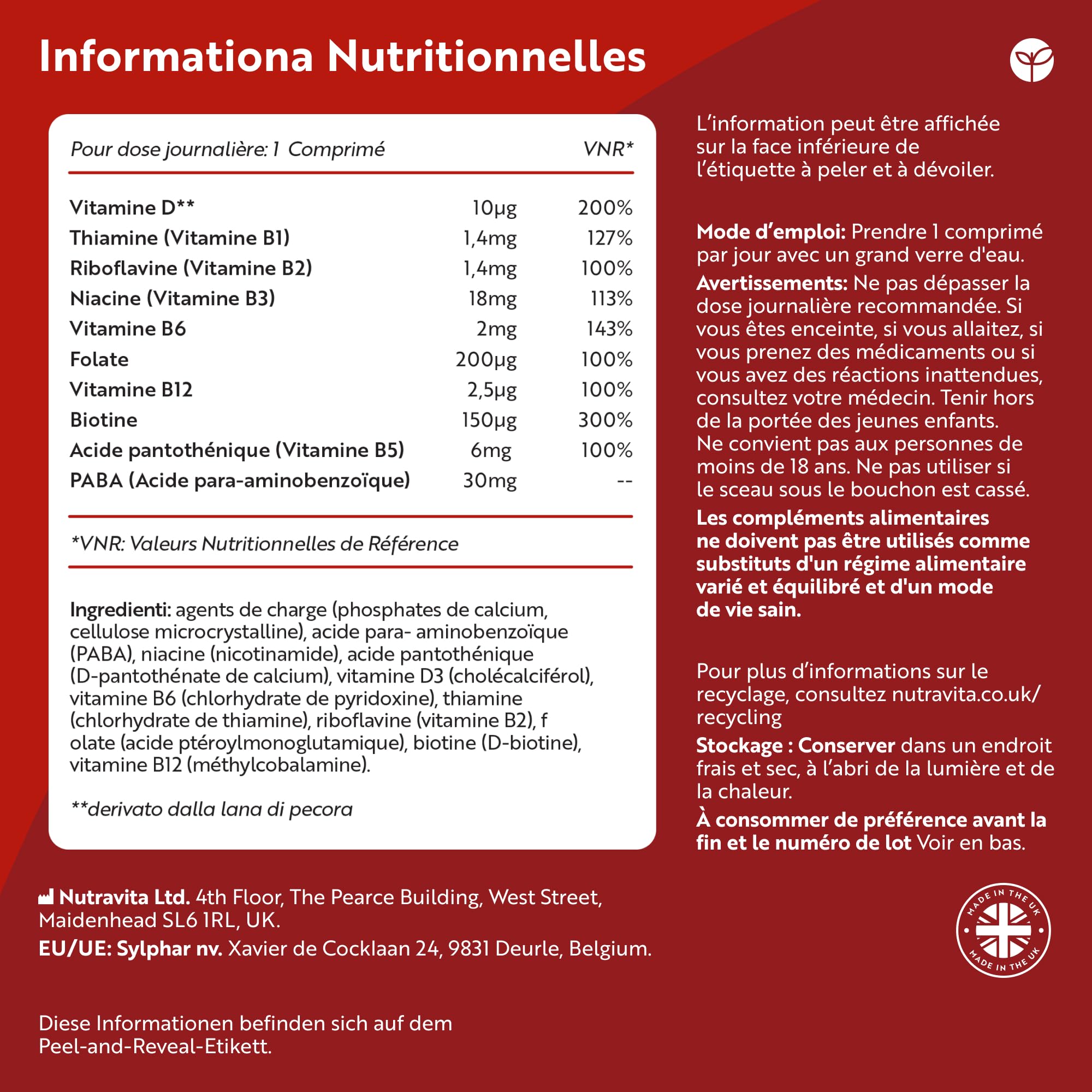 Vitamine B Complex Extra Fort avec Vitamine D - 365 Comprimés 1 an d'Approvisionnement - Sans Gluten - 8 Vitamines B actives - B1, B2, B3, B5, B6, B7 (Biotine) B9 (Acide Folique) B12 - Nutravita