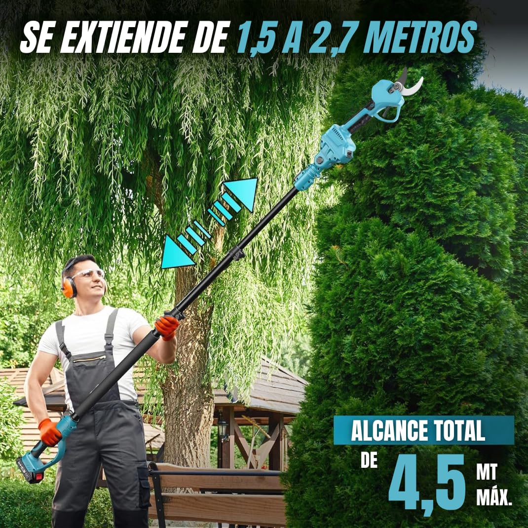 Tijeras de Podar Electricas 40mm + Motosierra bateria + Pértiga Telescópica 4,5 m + 2 Baterías 21 V | Lubricación Automática | Kit de poda jardineria
