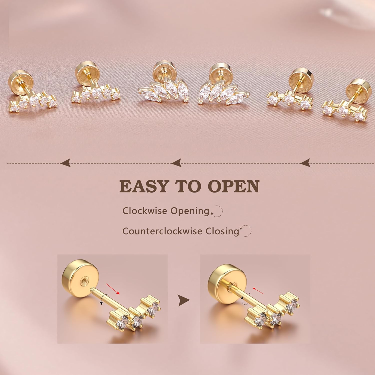 14K Gold Plated Solid 925 Sterling Silver Post Flat Back Earrings Stud | Cartilage Helix Conch Tragus Piercing Jewelry 3 Pairs Tiny Screw Dainty CZ Opal Earring Set Men Women - Image 5