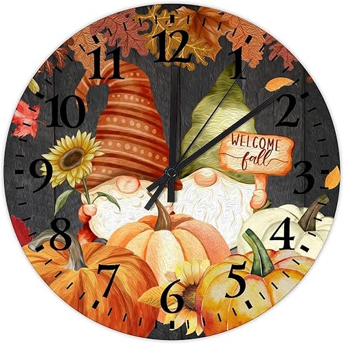 Gnomo de bienvenida de 10 pulgadas con diseño de calabaza, reloj de madera de cuarzo de calidad, sin tictac, gnomos de calabaza de otoño, decoración