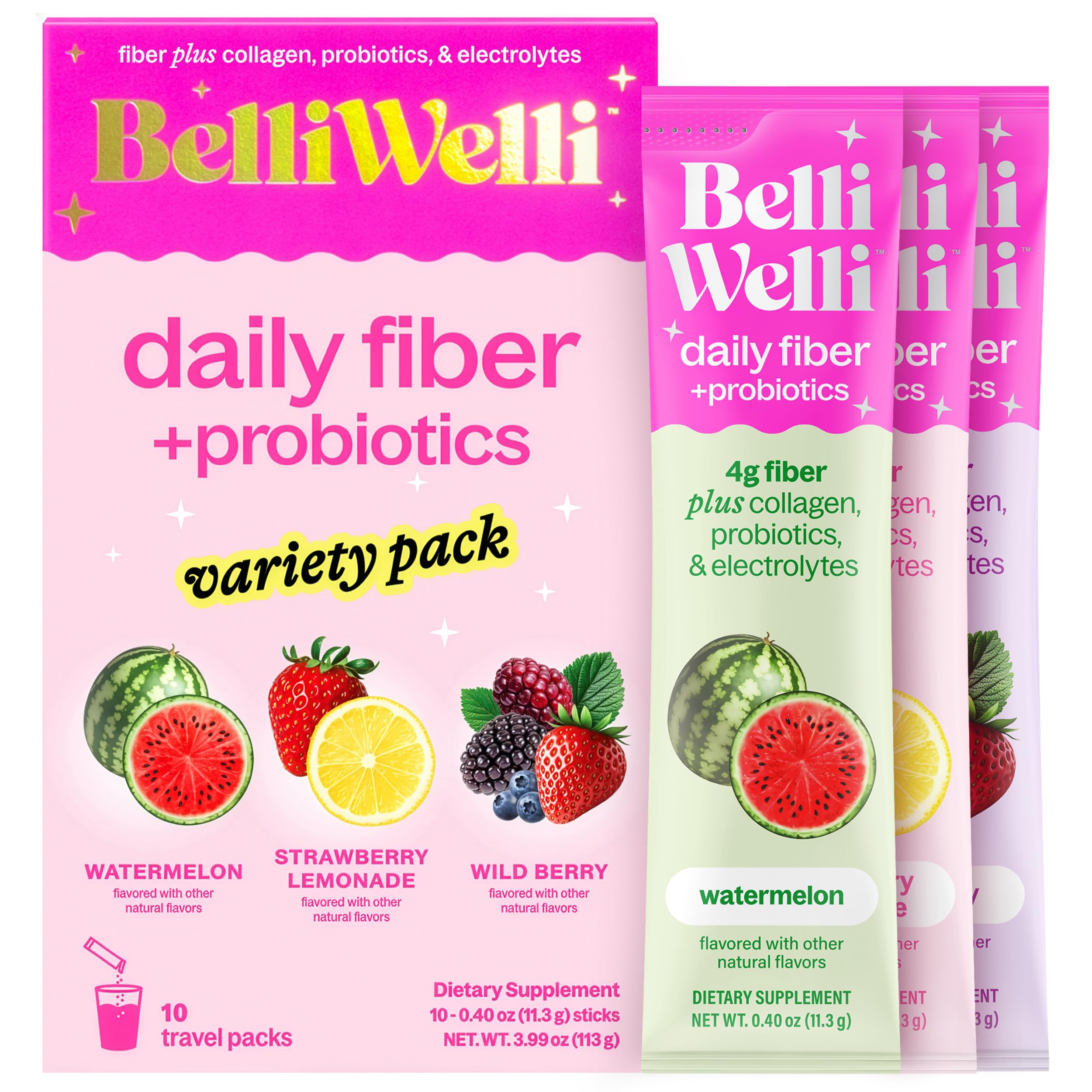 Daily Fiber Supplement Packets with Collagen, Probiotics & Electrolytes | Single Serve Packets for Gut Health, Digestion & Debloating | Variety | 10 Count