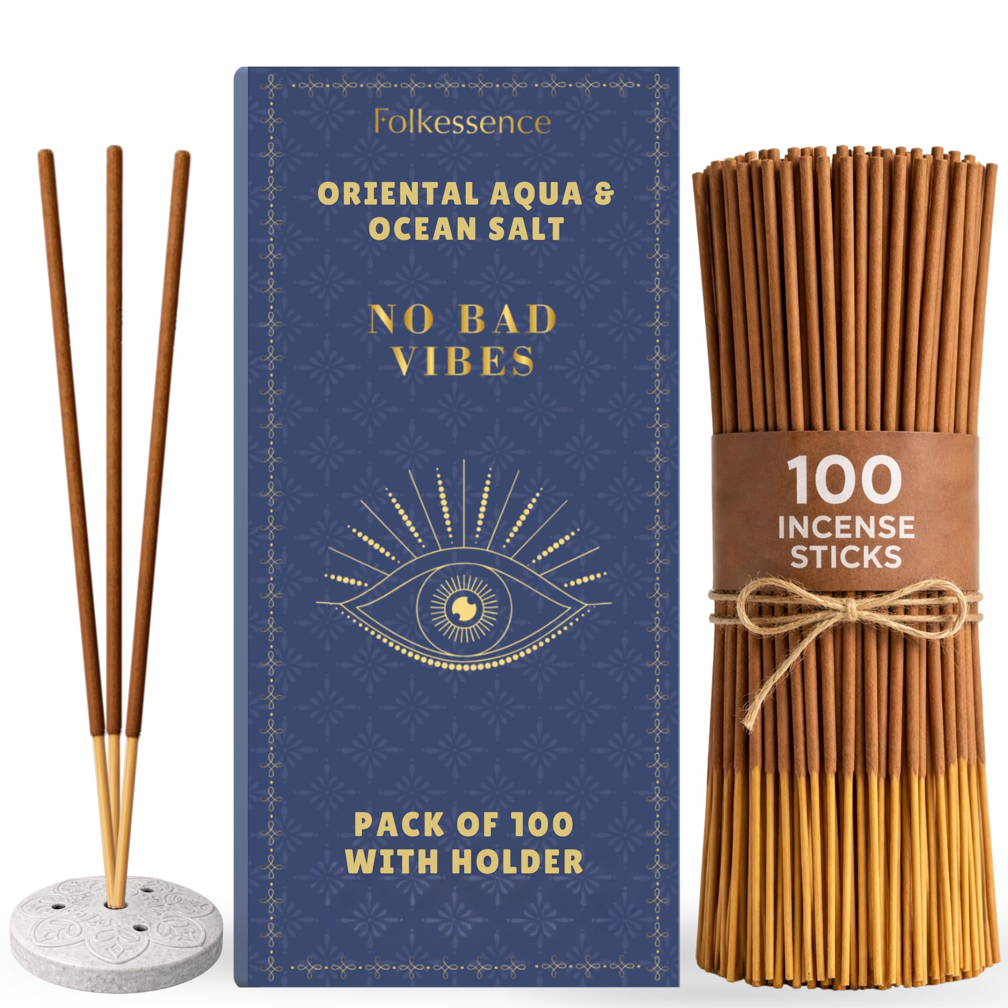 Folkulture Ocean Salt Incense Sticks with Holder (100 Sticks) |Charcoal Free Incense Stick for Summer, Positive Vibes Incense| Organic, Non Toxic, 45 Mins, Long Burning Insence-Sticks